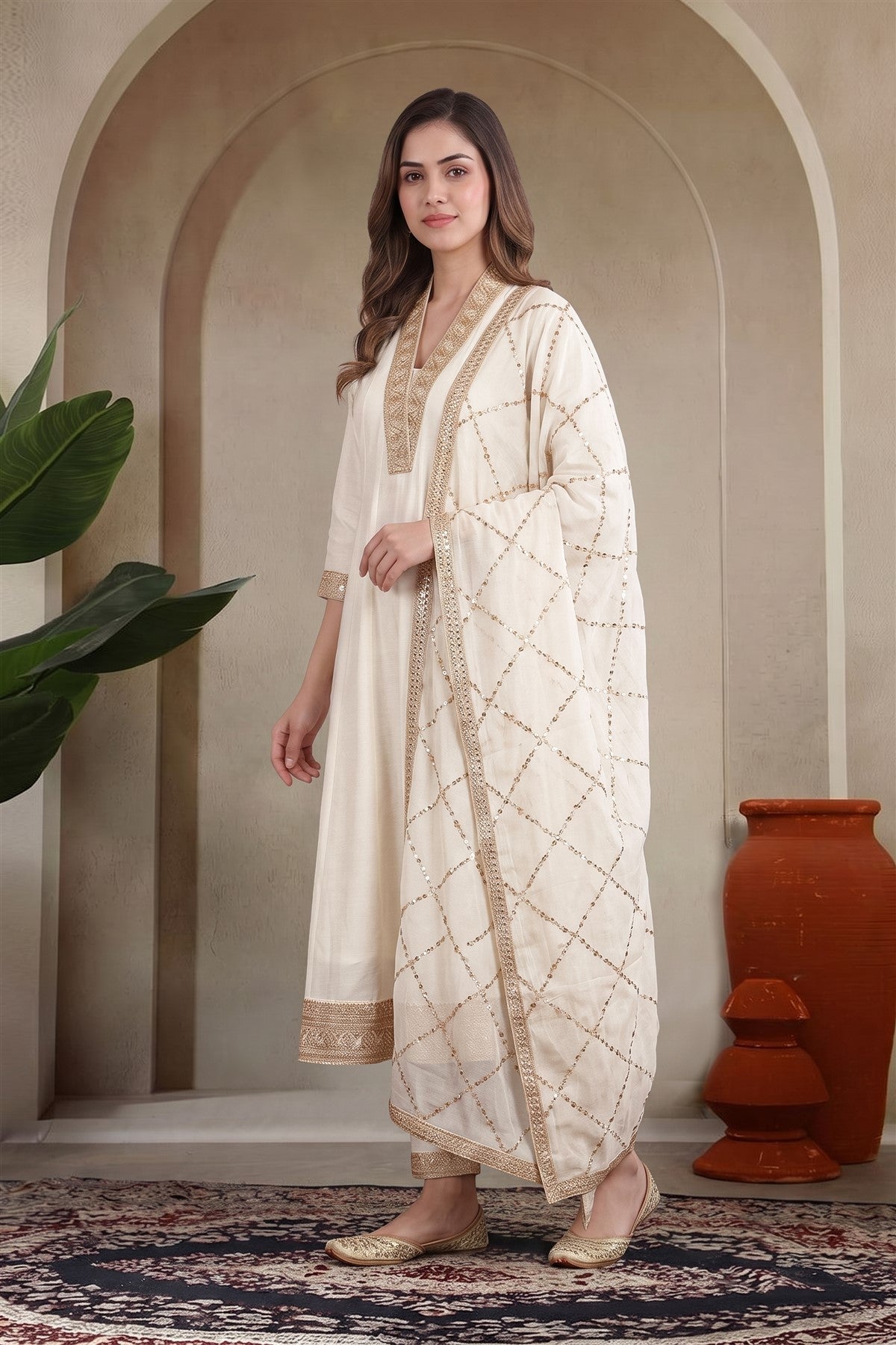 Chanderi Silk Embroidered Cream Kurti Set With Dupatta