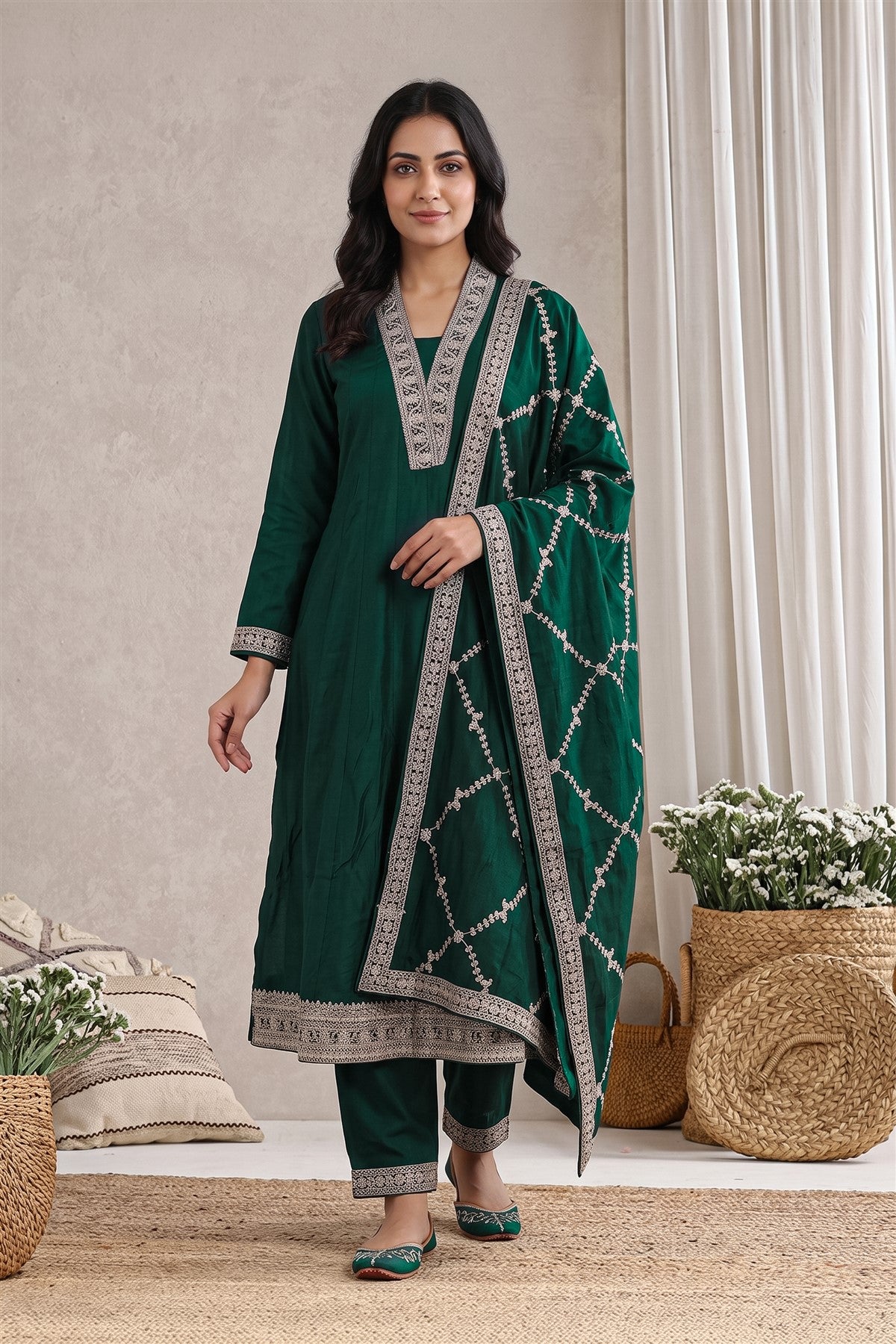 Chanderi Silk Embroidered Bottle Green Kurti Set With Dupatta