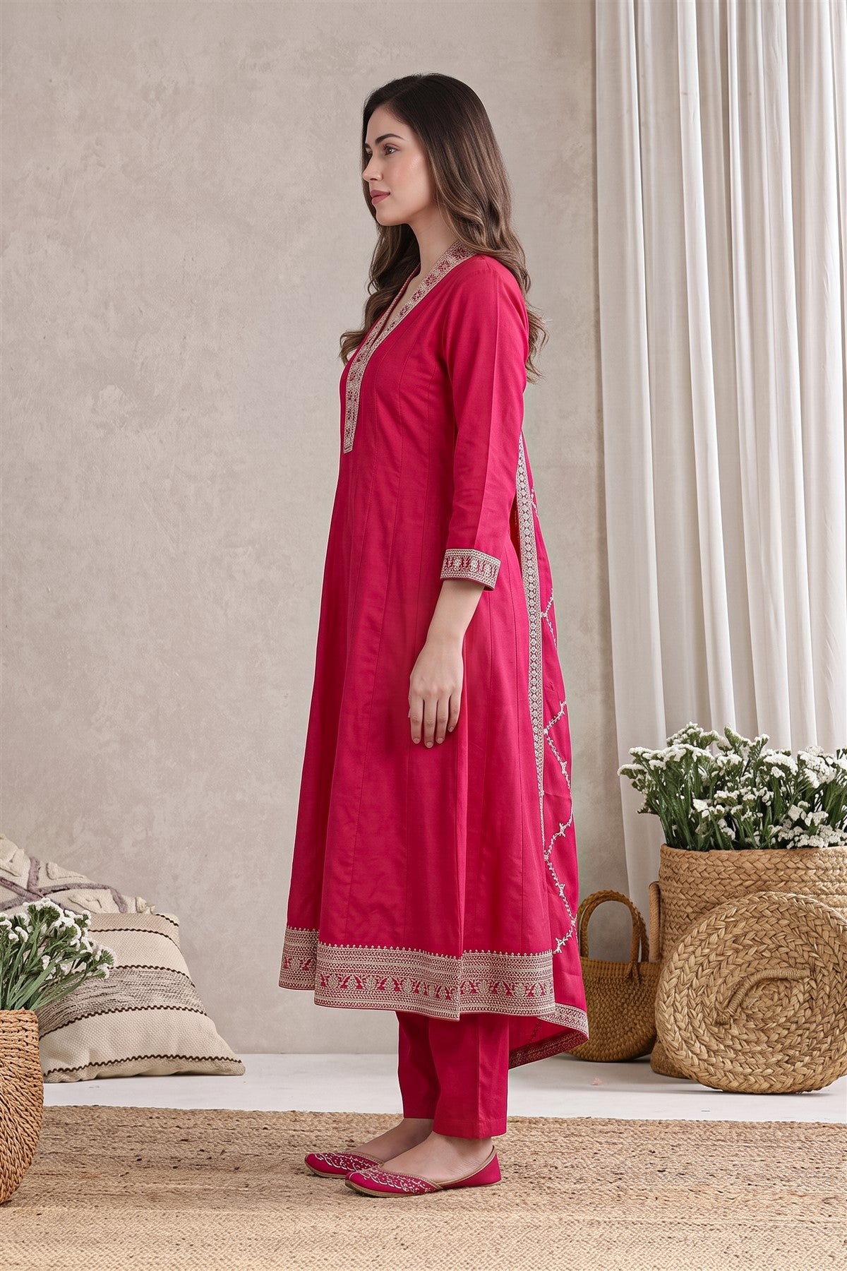 Chanderi Silk Embroidered Rani Pink Kurti Set With Dupatta