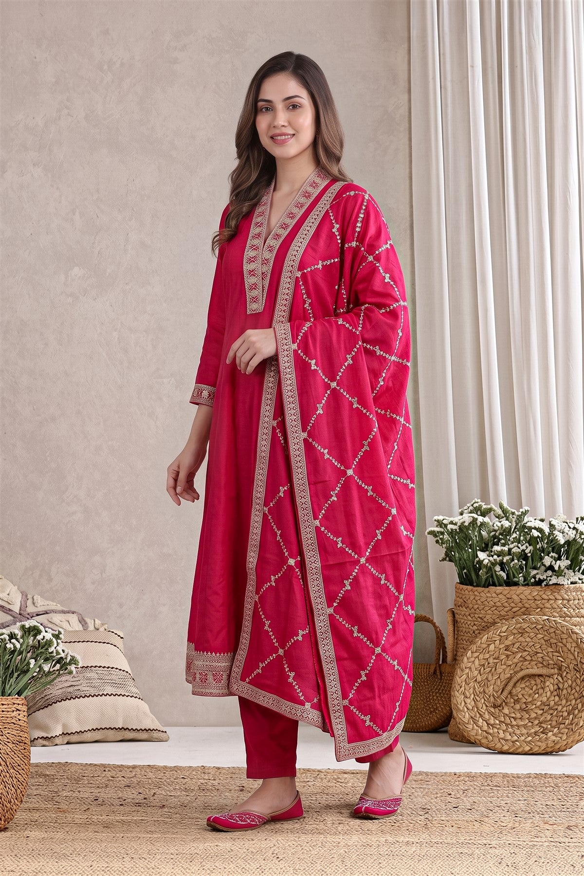 Chanderi Silk Embroidered Rani Pink Kurti Set With Dupatta