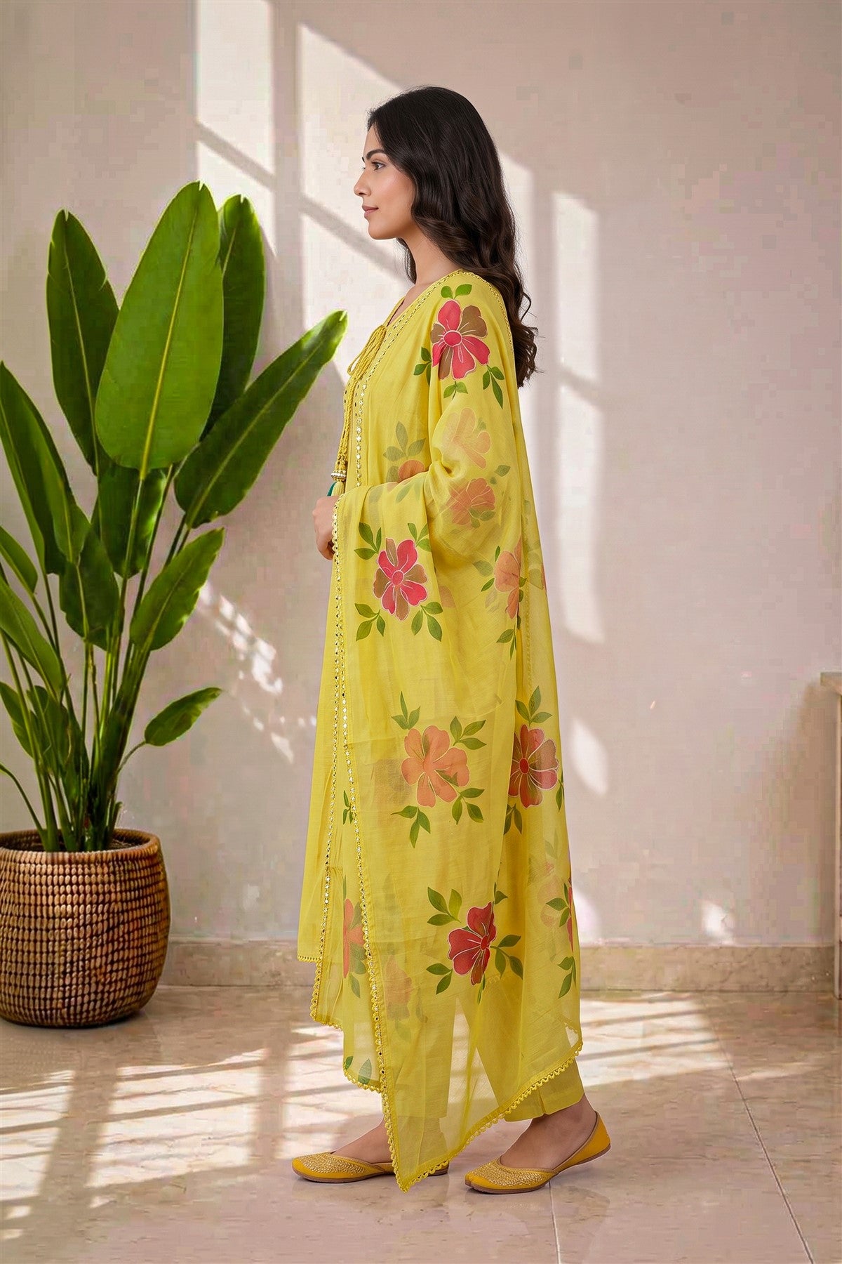Chanderi Silk Embroidered Light Yellow Kurti Set With Dupatta
