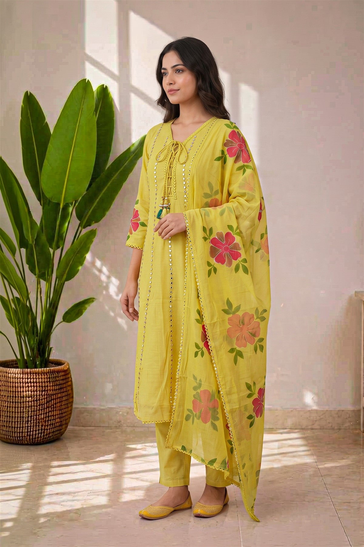 Chanderi Silk Embroidered Light Yellow Kurti Set With Dupatta