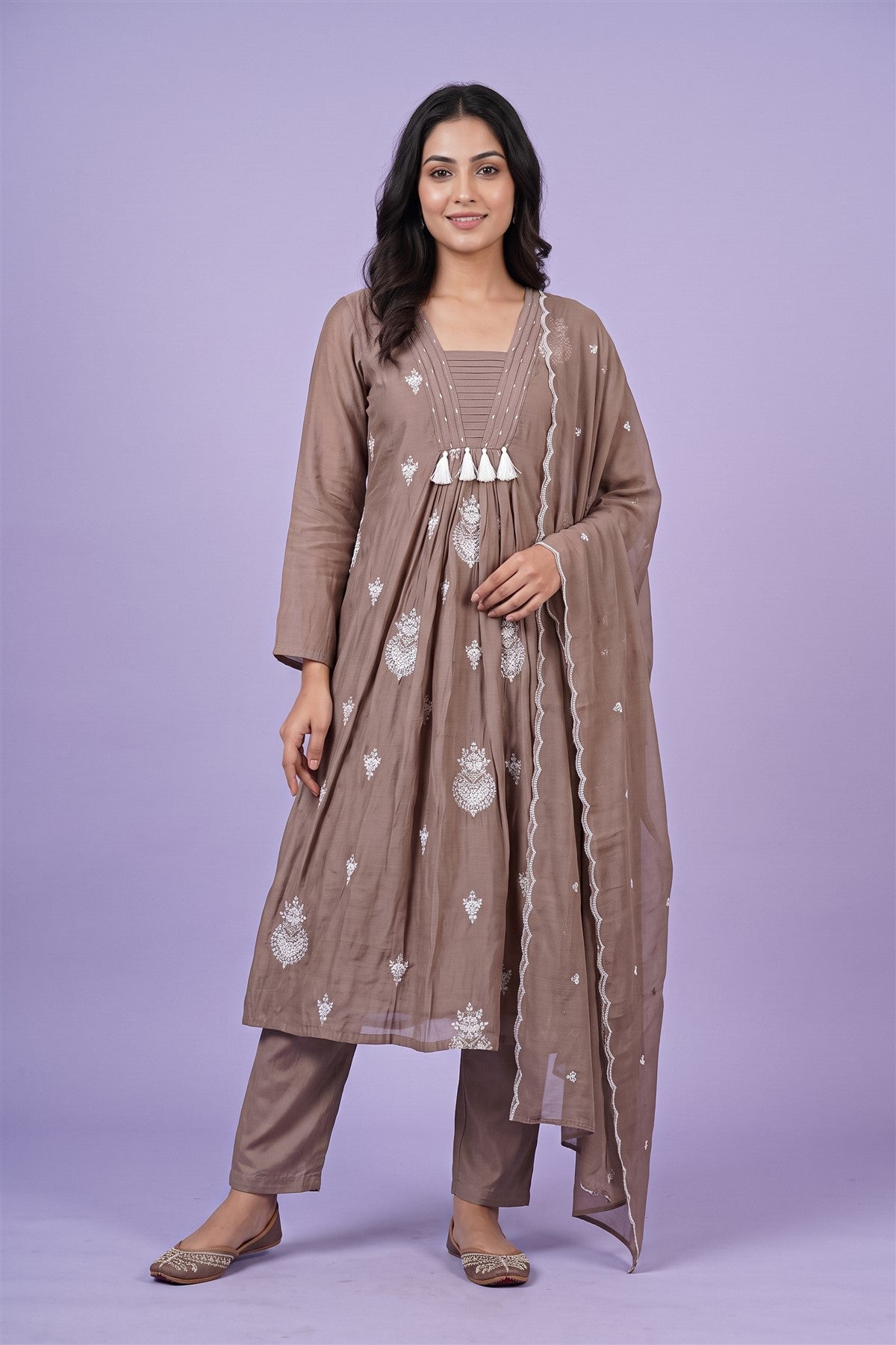 Chanderi Embroidered Light Brown Kurti Set With Dupatta