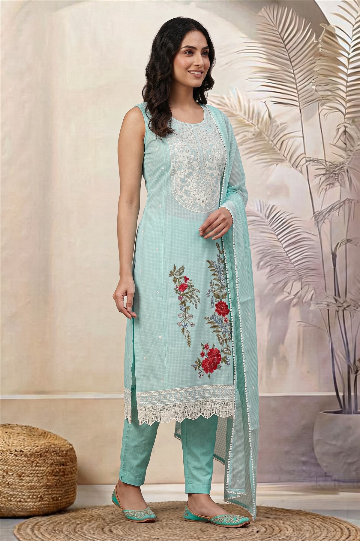Kota Embroidered Sky Blue Kurti Set With Dupatta