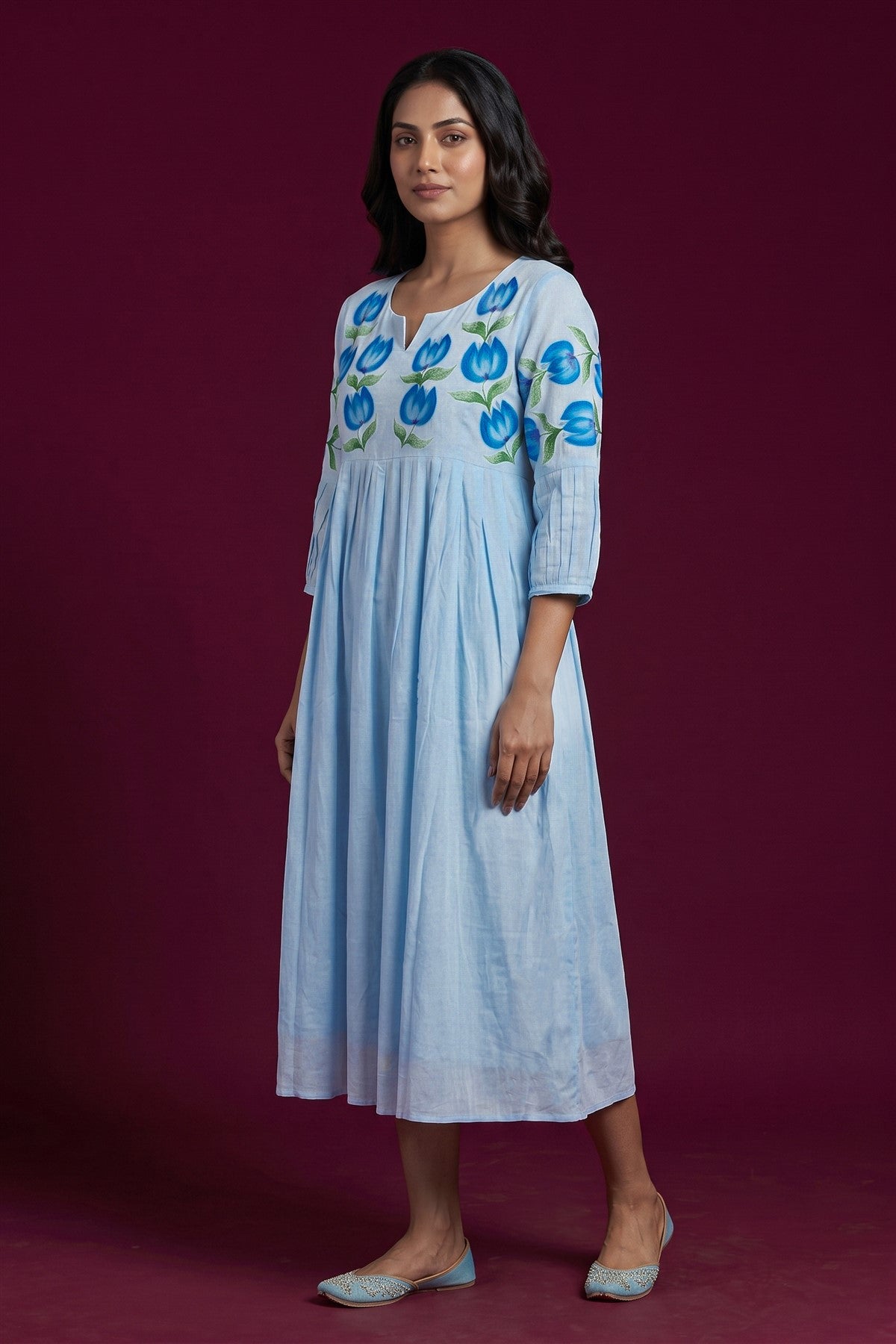 Cotton Printed Sky Blue Kurti