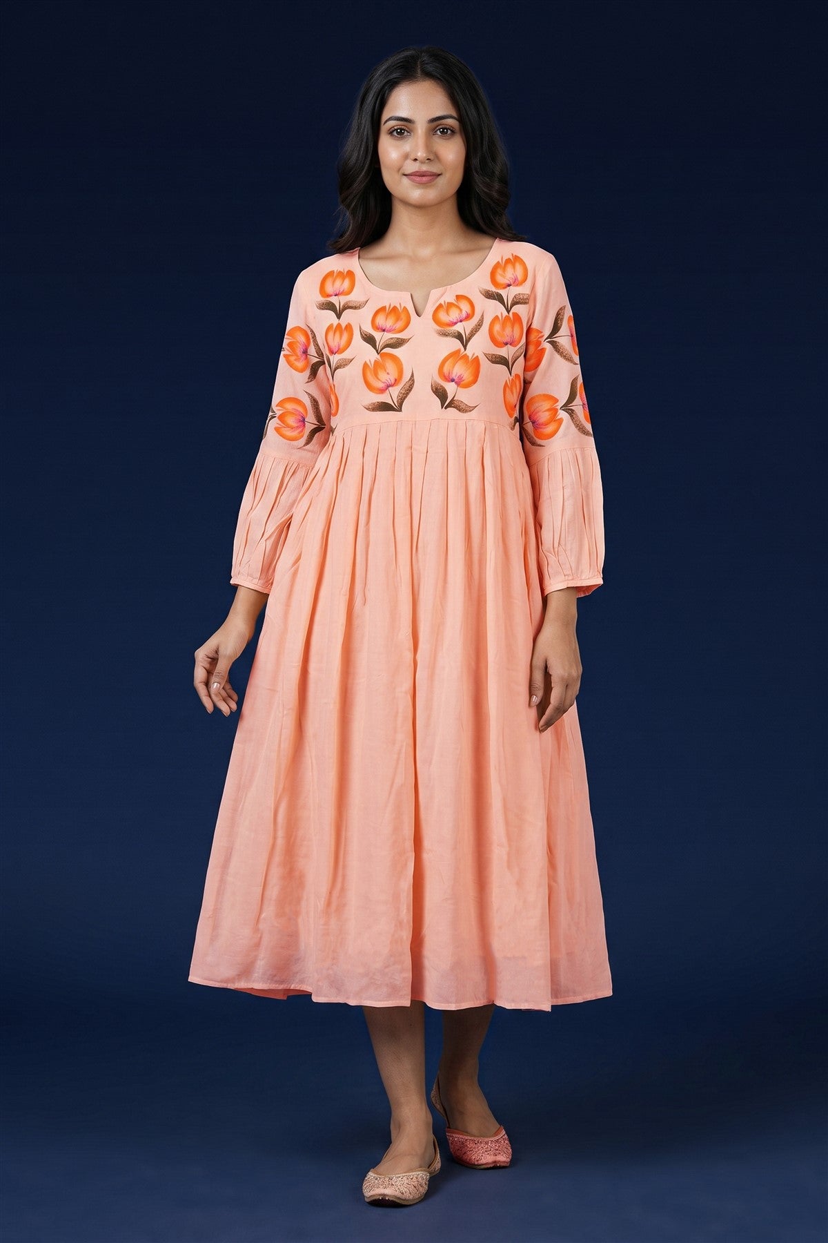 Cotton Printed Light Orange Kurti