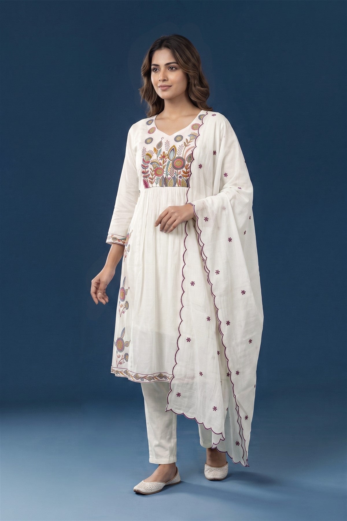 Chanderi Silk Embroidered Off White Kurti Set With Dupatta