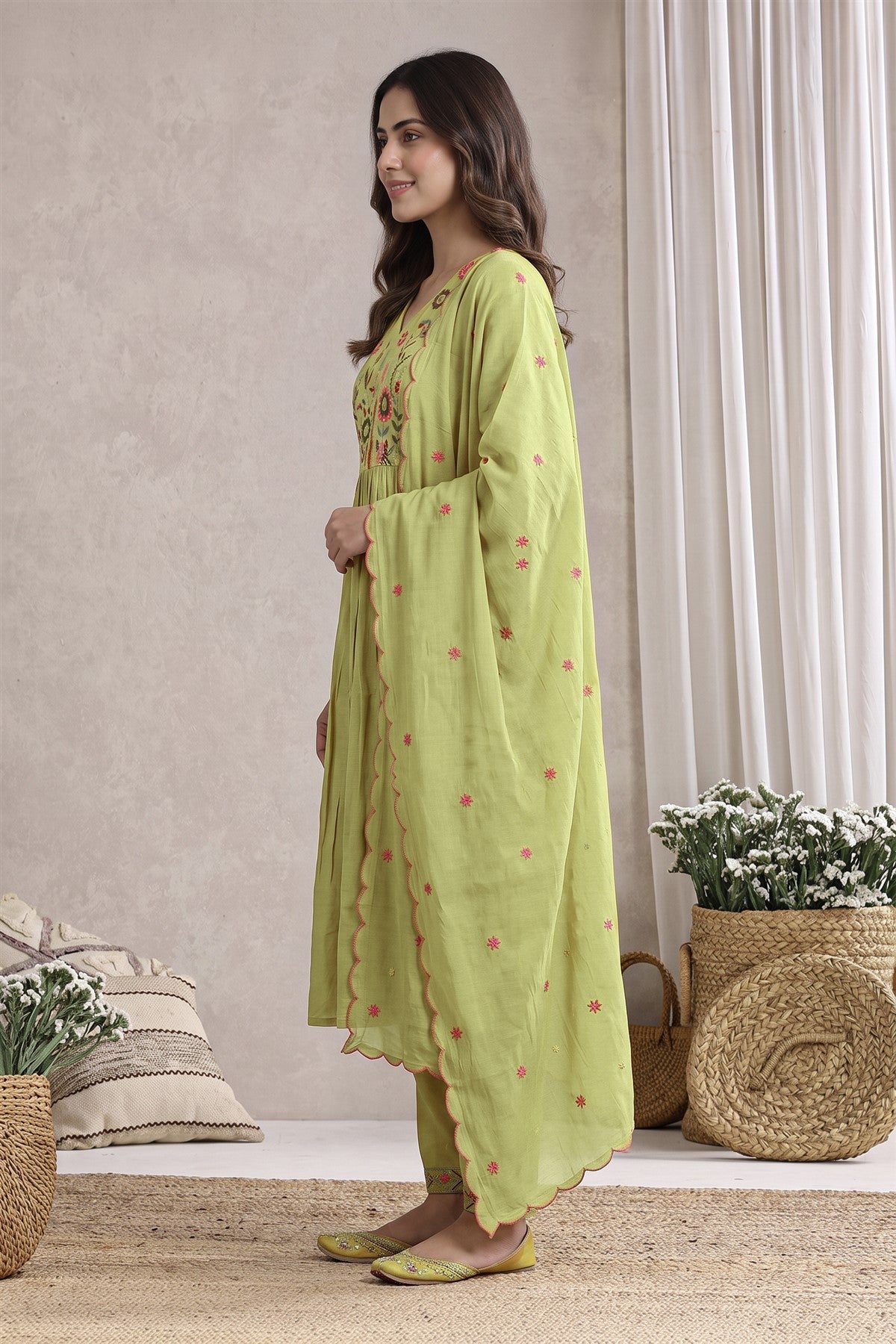 Chanderi Silk Embroidered Olive Green Kurti Set With Dupatta