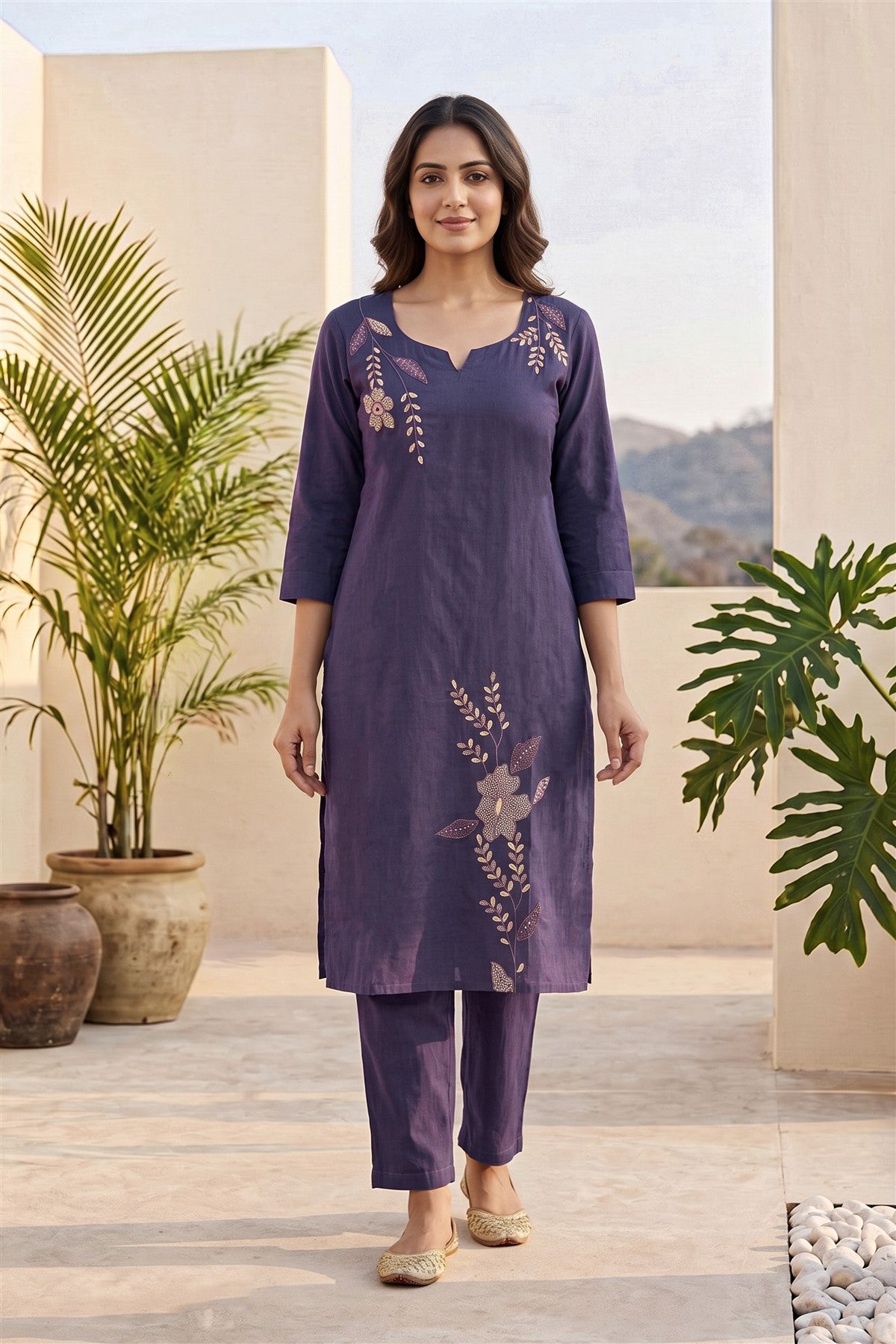 Linen Embroidered Violet Kurti Set