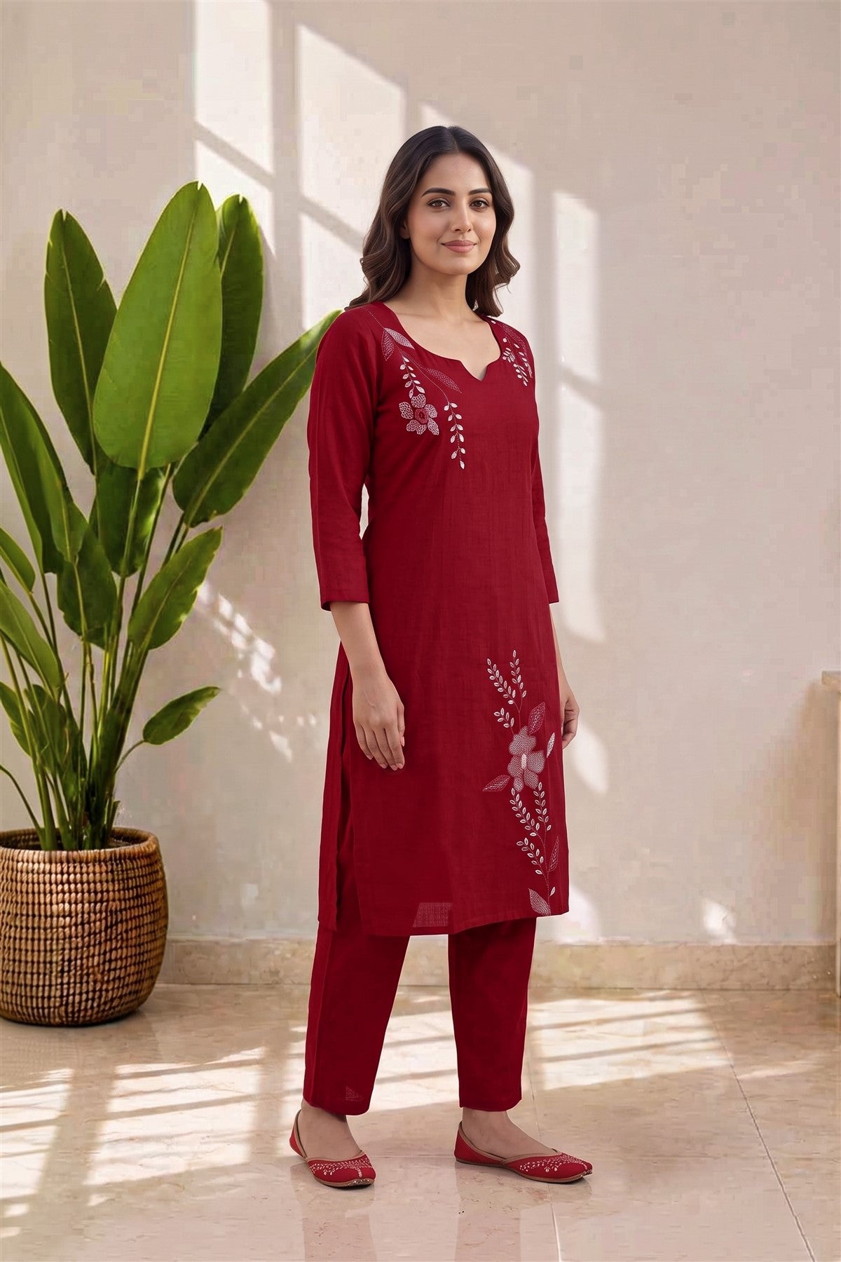 Linen Embroidered Maroon Kurti Set