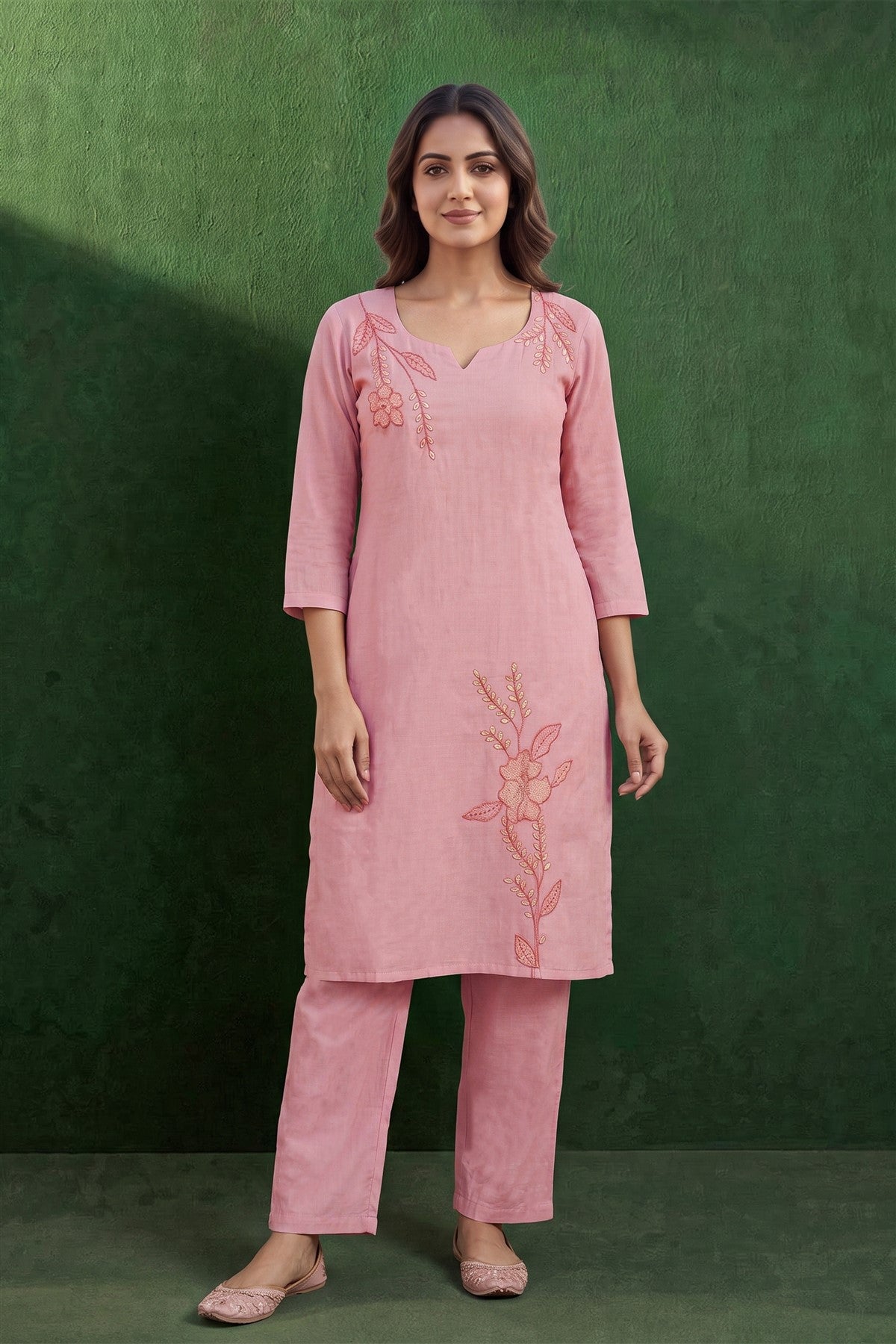 Linen Embroidered Peach Kurti Set
