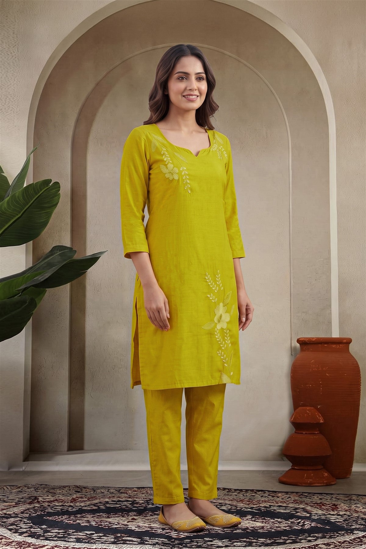 Linen Embroidered Parrot Green Kurti Set
