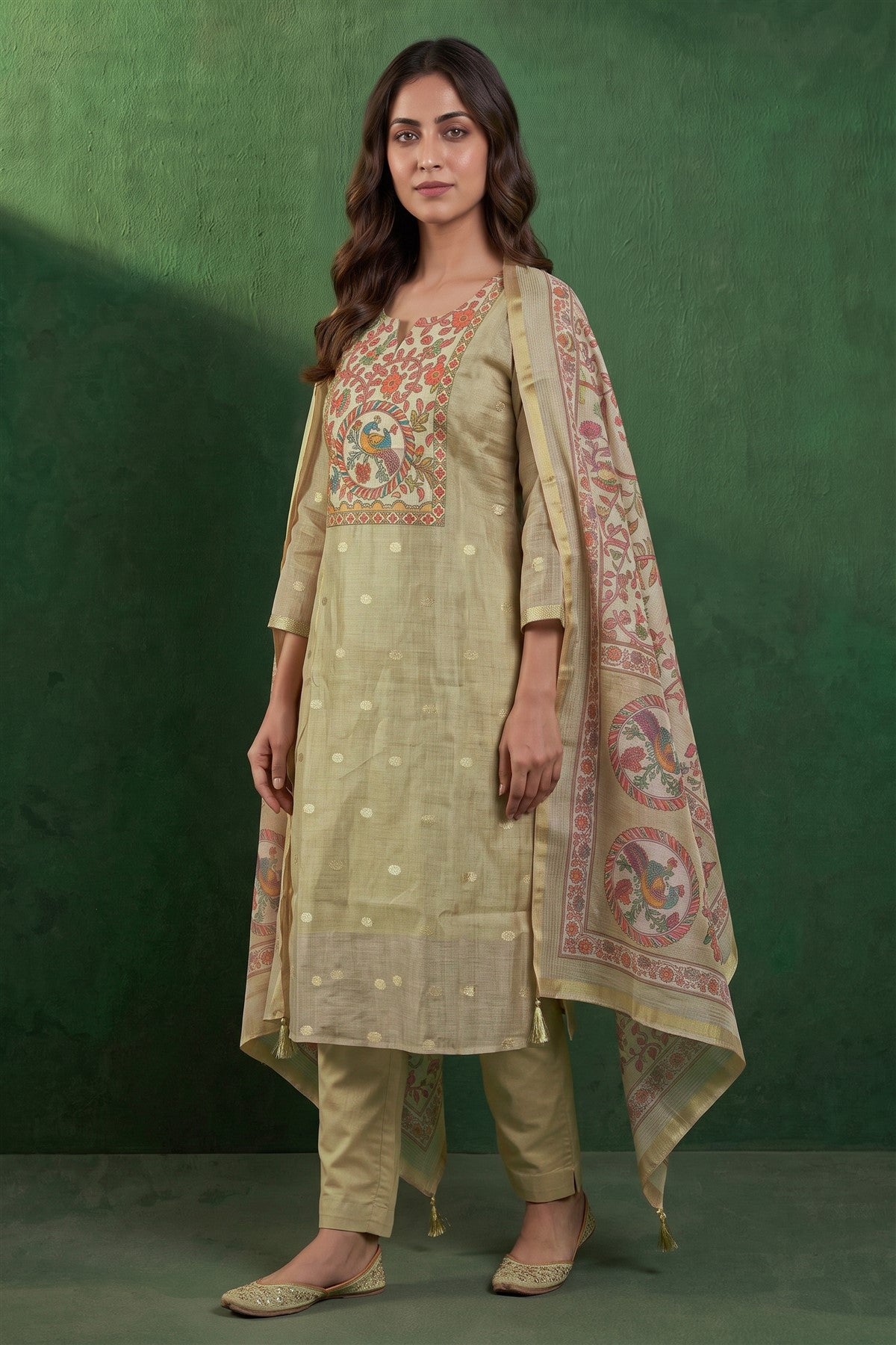 Kota Embroidered Olive Green Kurti Set With Dupatta