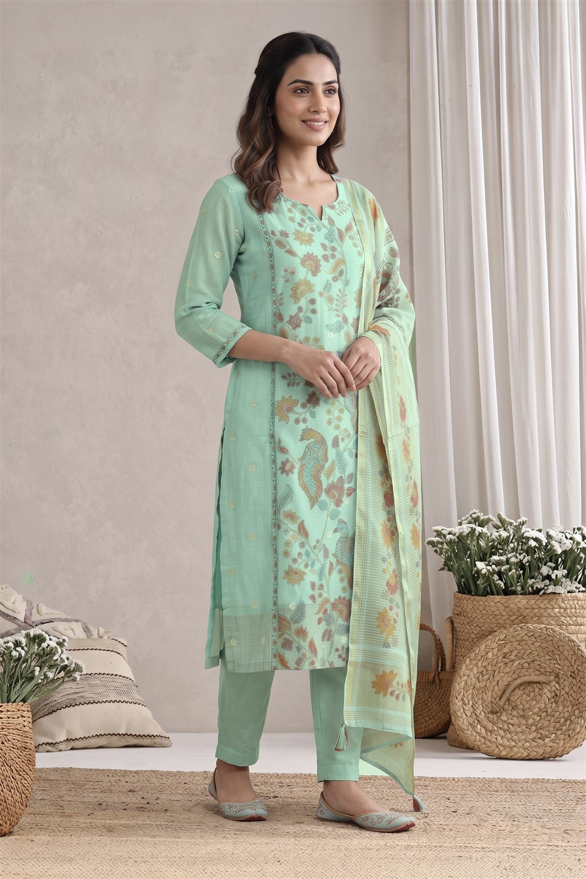 Kota Printed Sea Blue Kurti Set With Dupatta