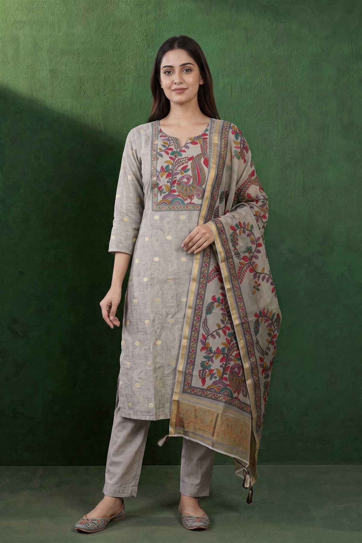 Kota Printed Grey Kurti Set With Dupatta