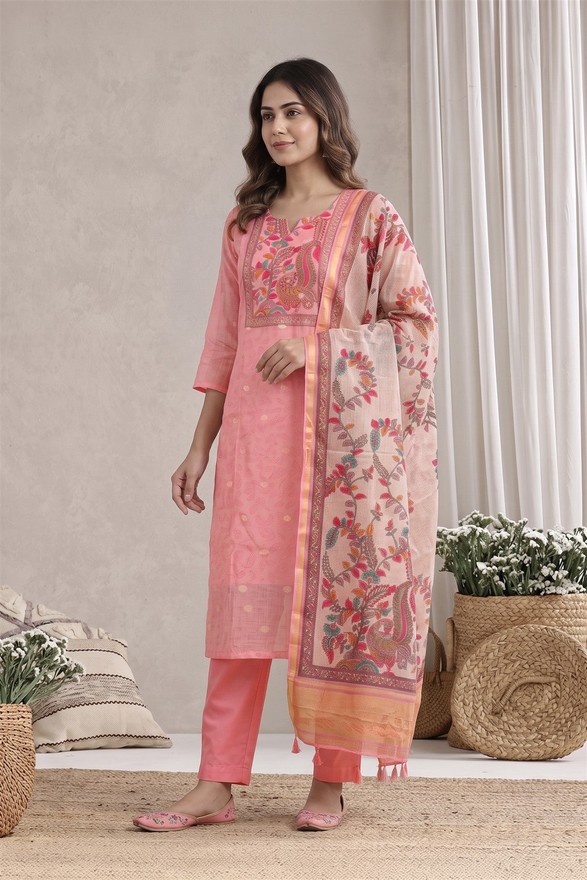 Kota Printed Pink Kurti Set With Dupatta