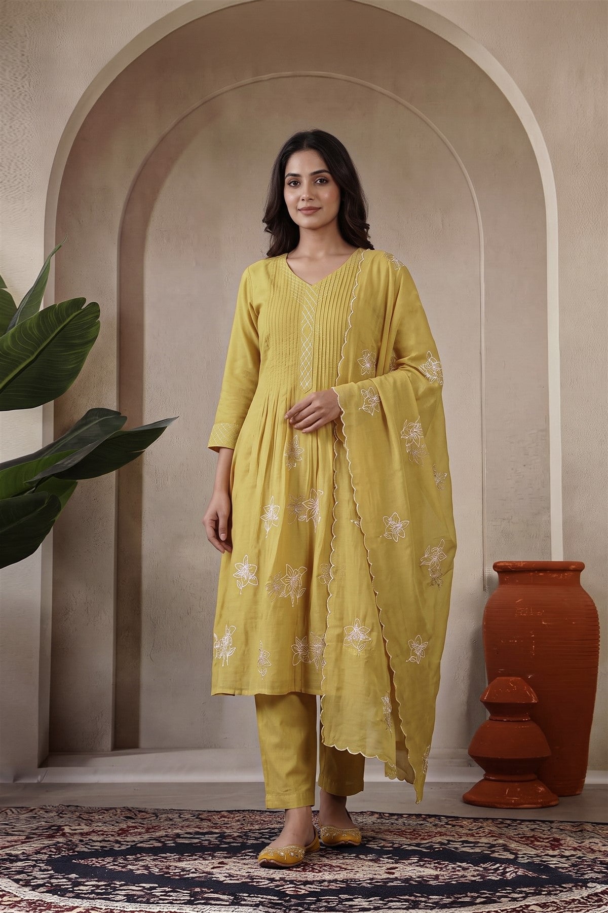 Chanderi Embroidered Mustard Yellow Kurti Set With Dupatta