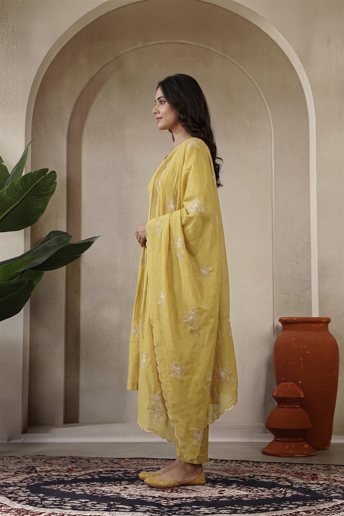 Chanderi Embroidered Mustard Yellow Kurti Set With Dupatta