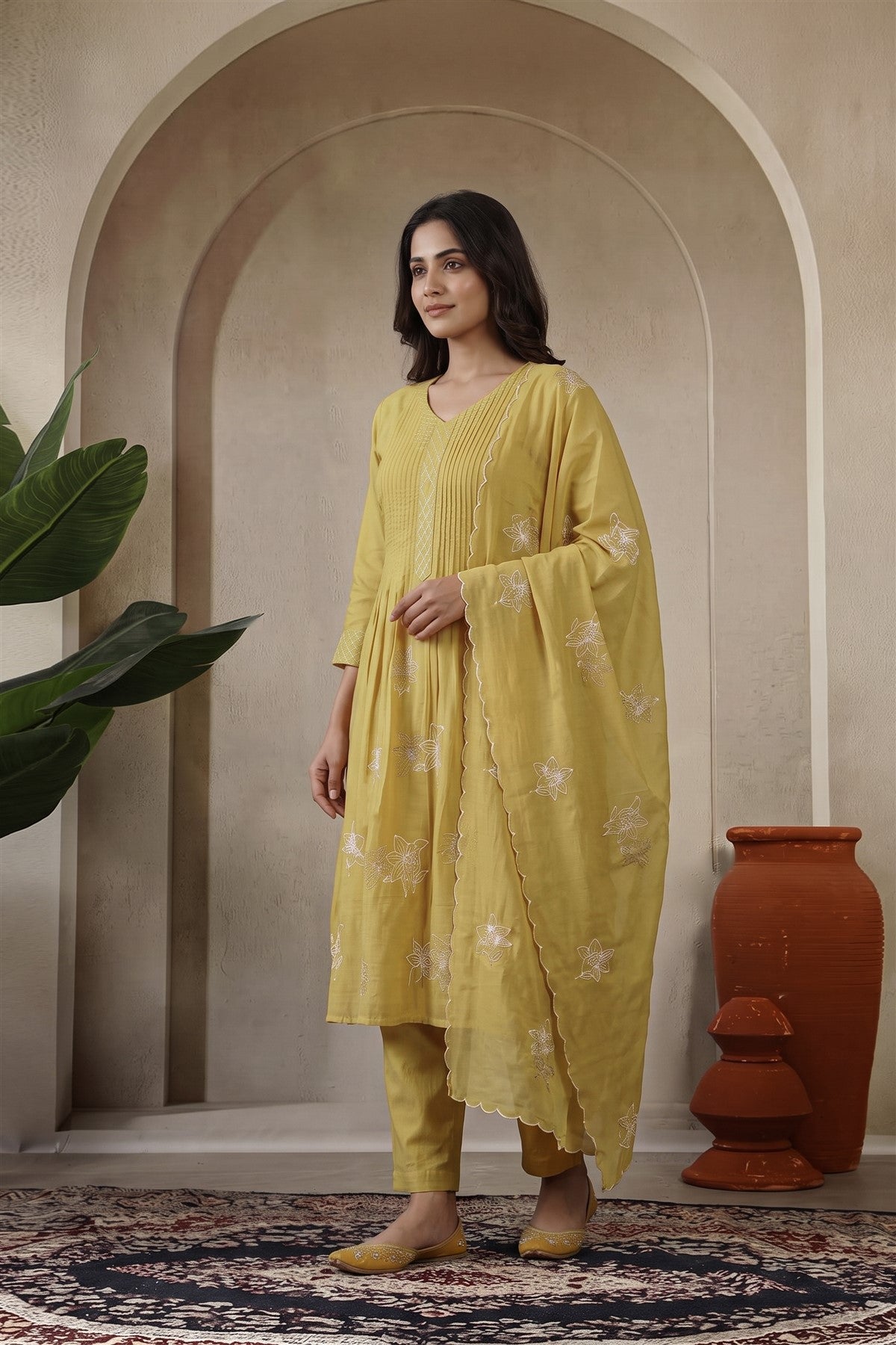 Chanderi Embroidered Mustard Yellow Kurti Set With Dupatta