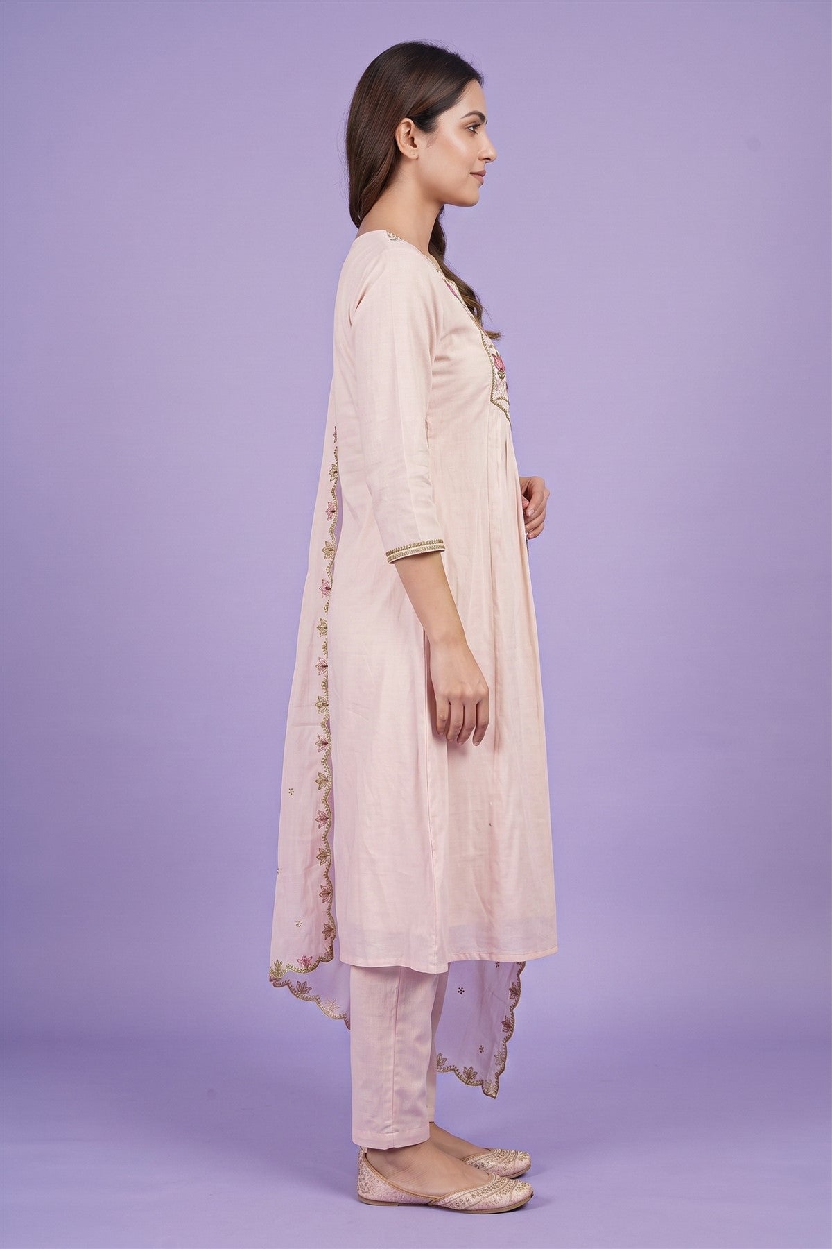 Chanderi Embroidered Cream Kurti Set With Dupatta
