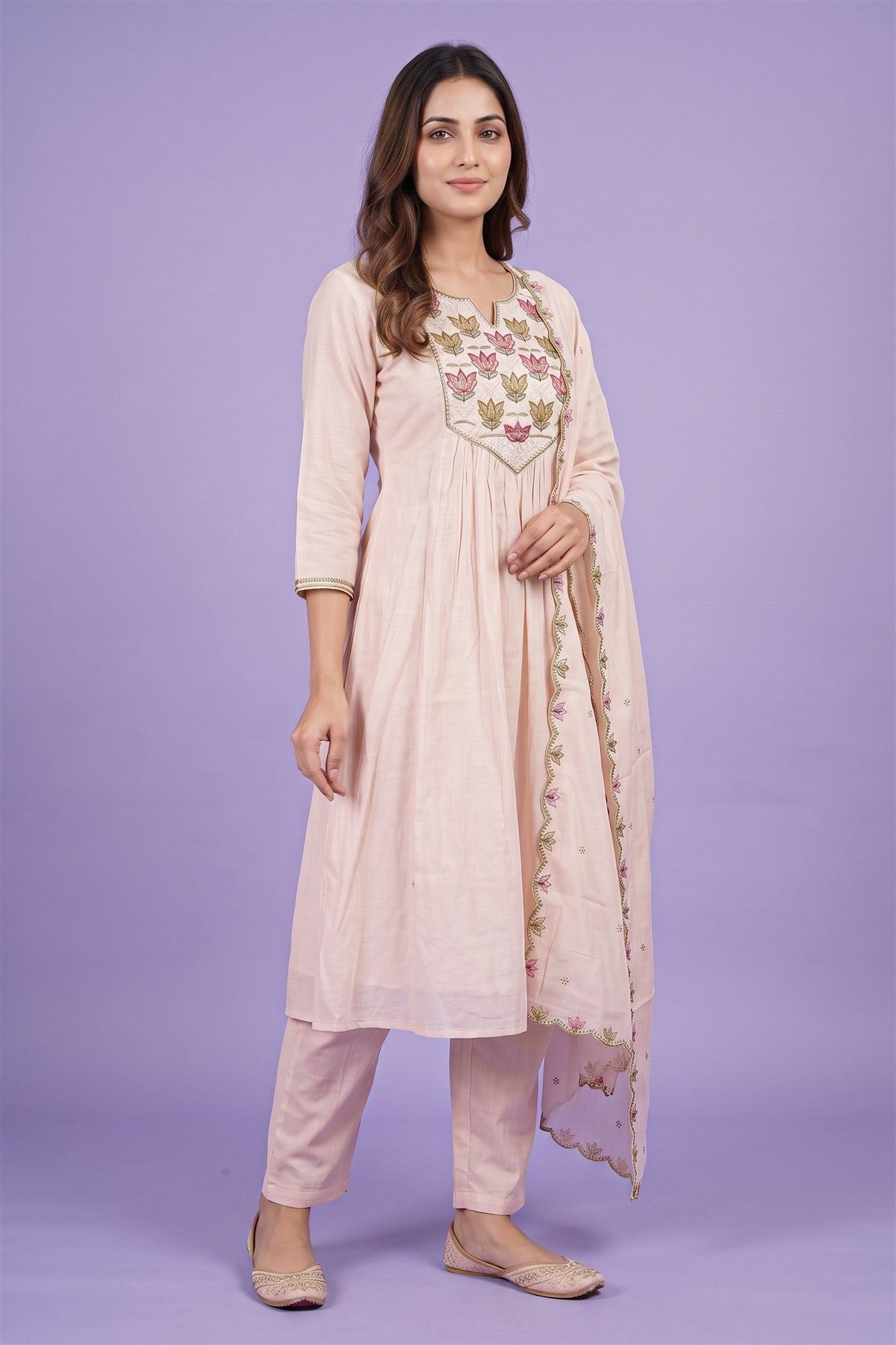 Chanderi Embroidered Cream Kurti Set With Dupatta