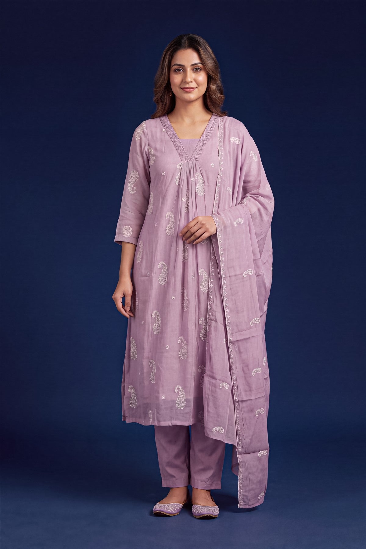 Chanderi Embroidered Lavender Kurti Set With Dupatta