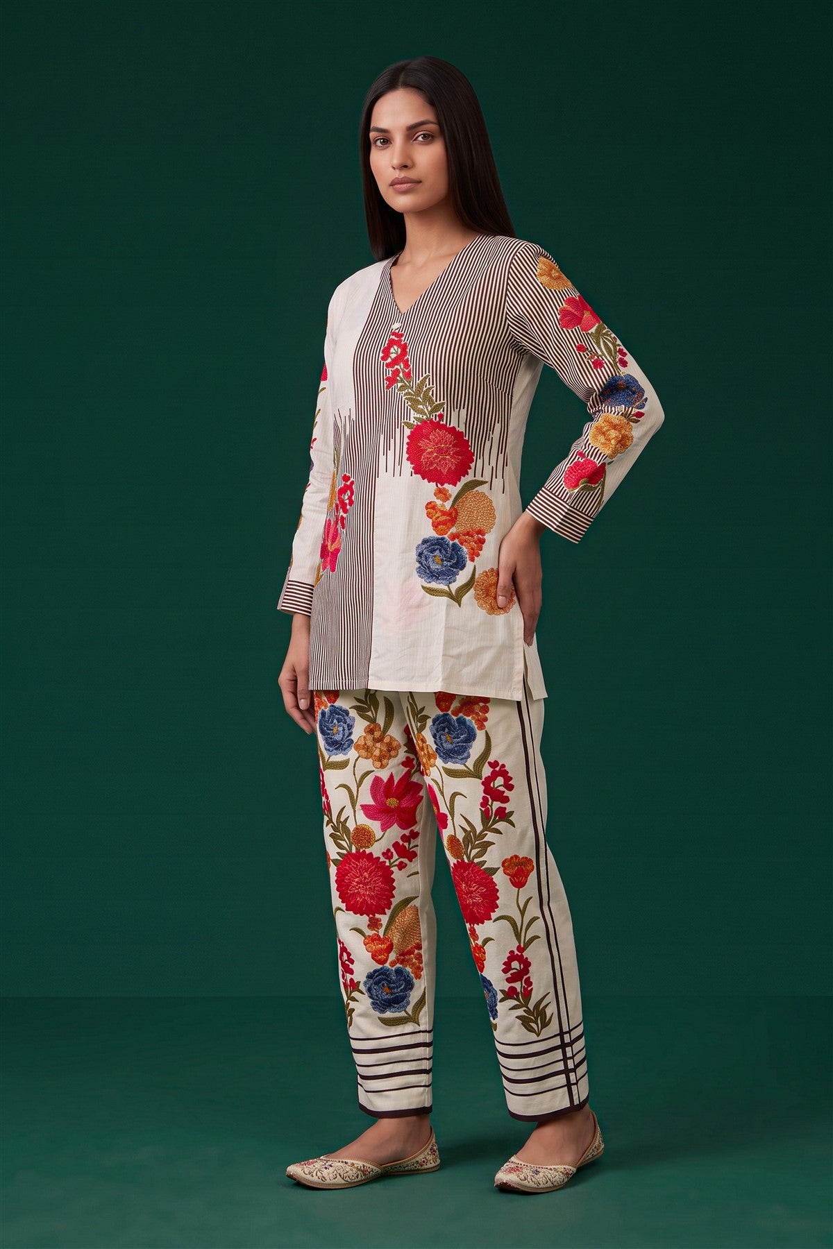 Muslin Printed Embroidered White Co-Ord Set