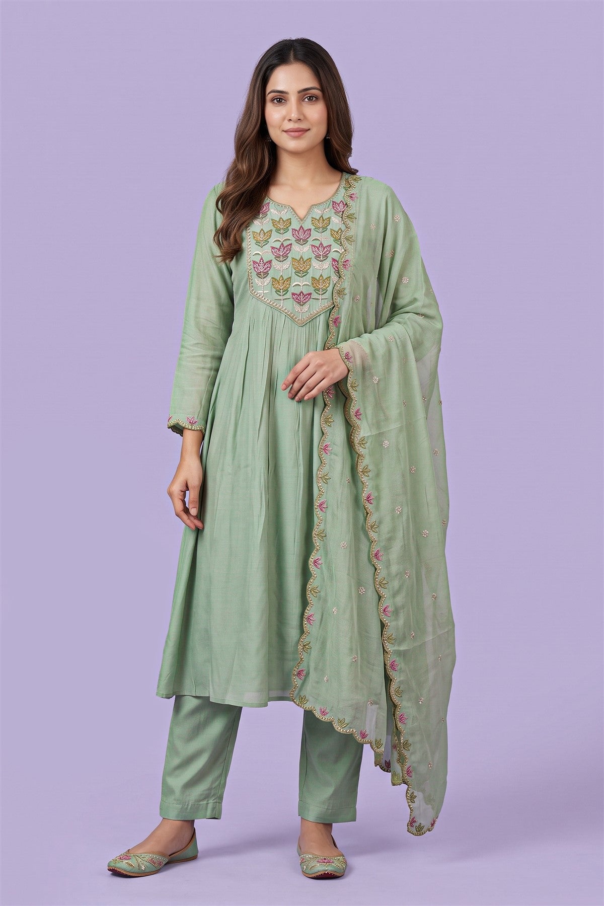 Chanderi Embroidered Pista Green Kurti Set With Dupatta