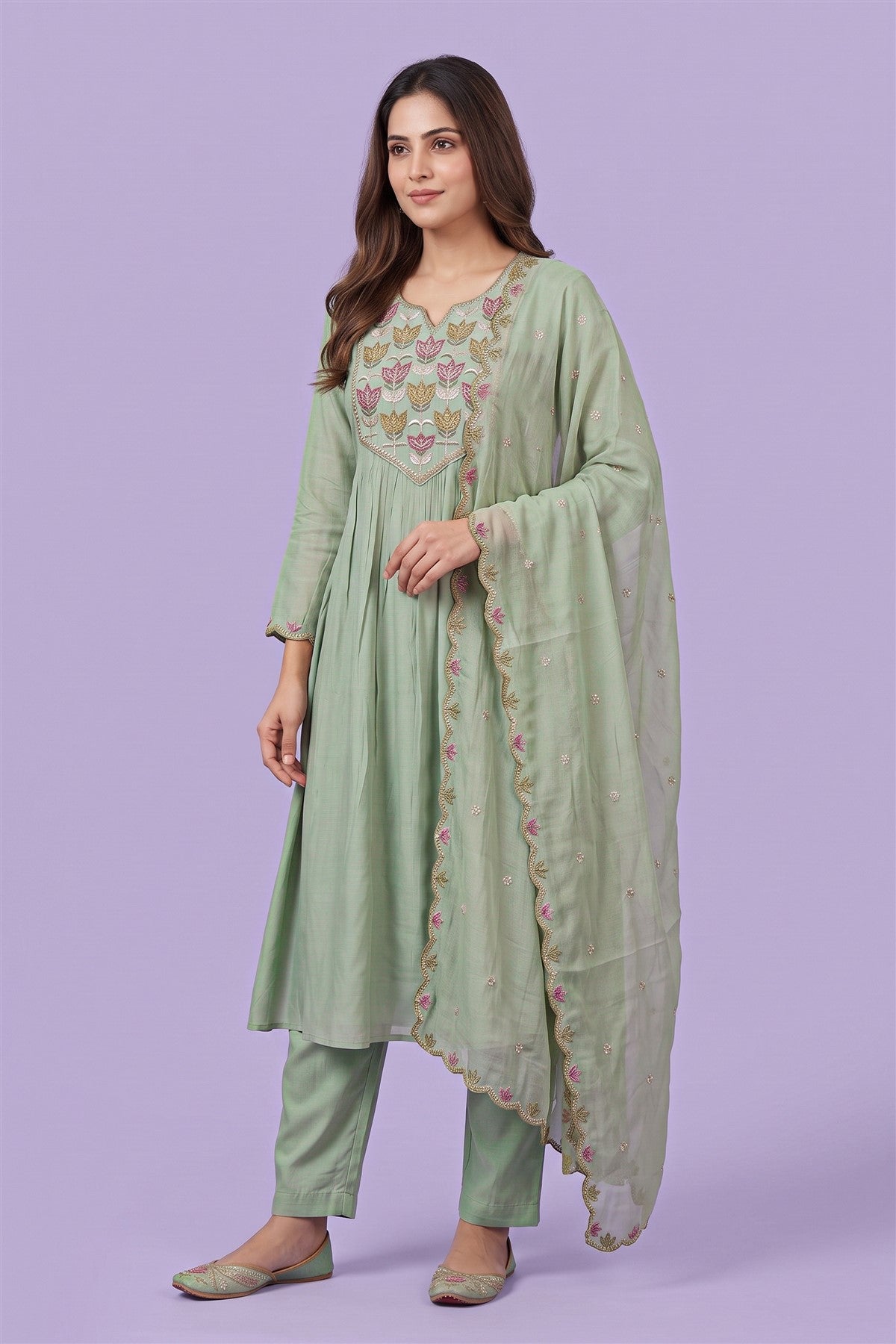 Chanderi Embroidered Pista Green Kurti Set With Dupatta