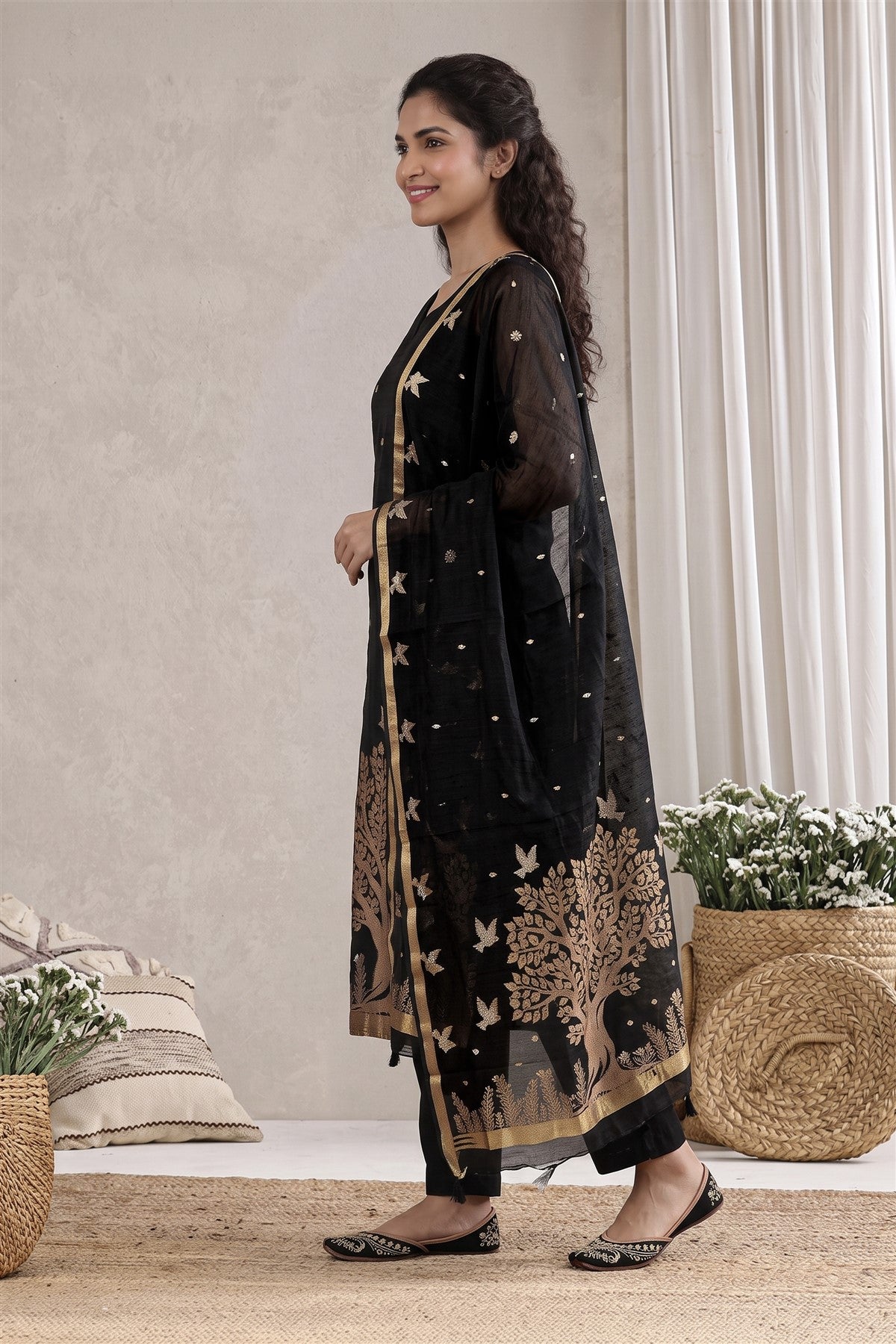 Jute Embroidered Black Kurti Set With Dupatta