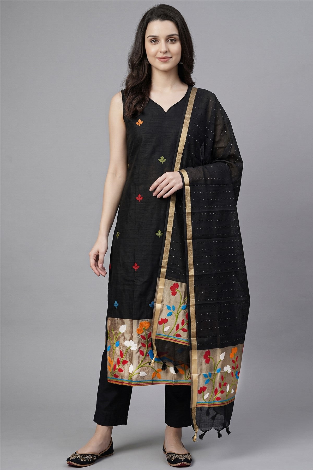 Jute Embroidered Black Kurti Set With Dupatta