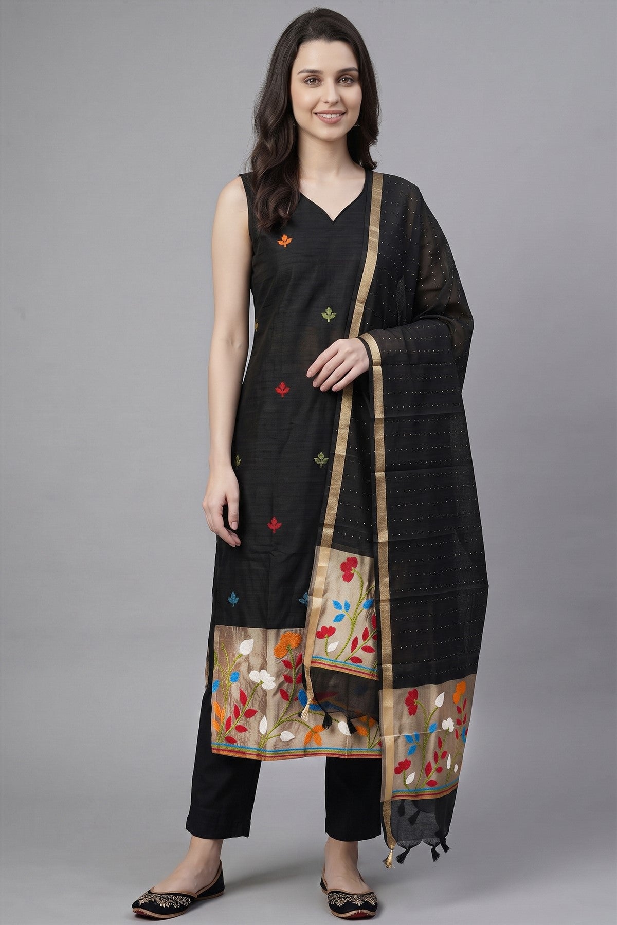 Jute Embroidered Black Kurti Set With Dupatta