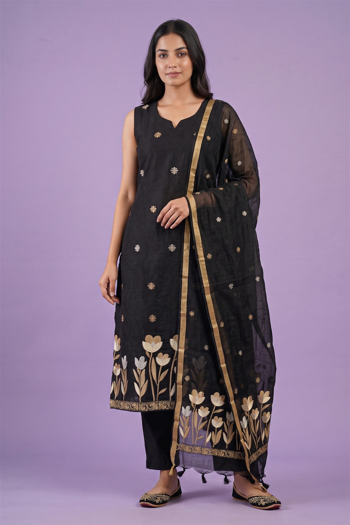 Jute Embroidered Black Kurti Set With Dupatta