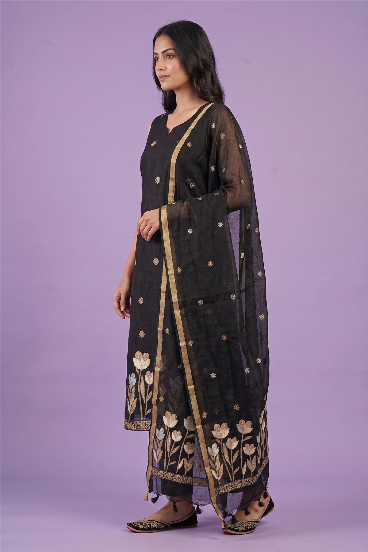 Jute Embroidered Black Kurti Set With Dupatta