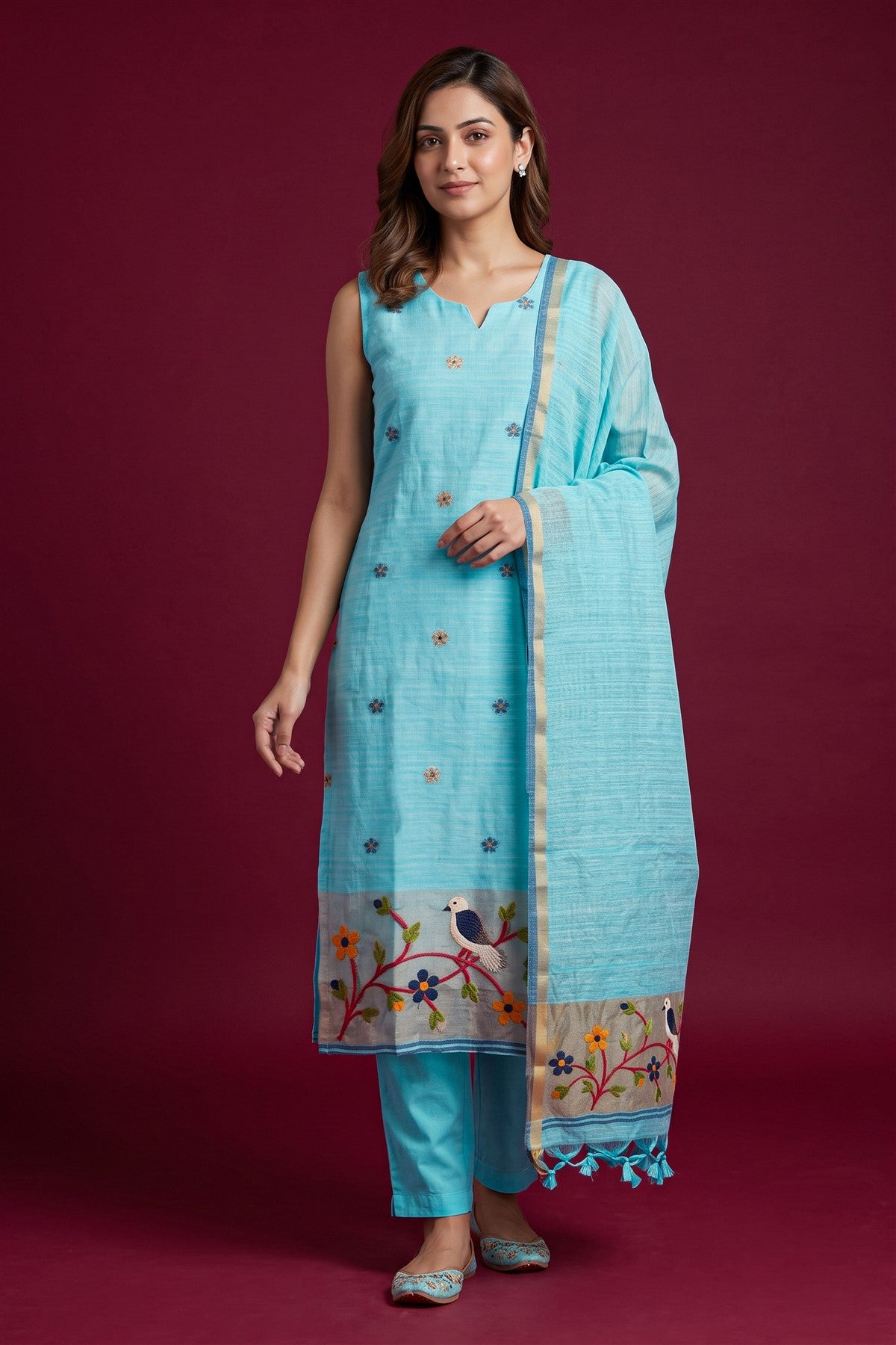 Jute Embroidered Sky Blue Kurti Set With Dupatta