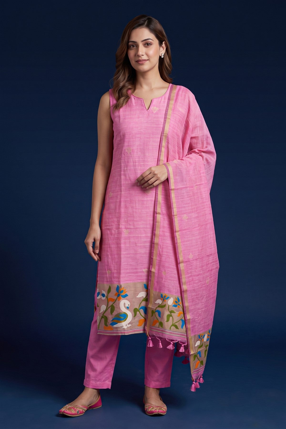Jute Embroidered Pink Kurti Set With Dupatta