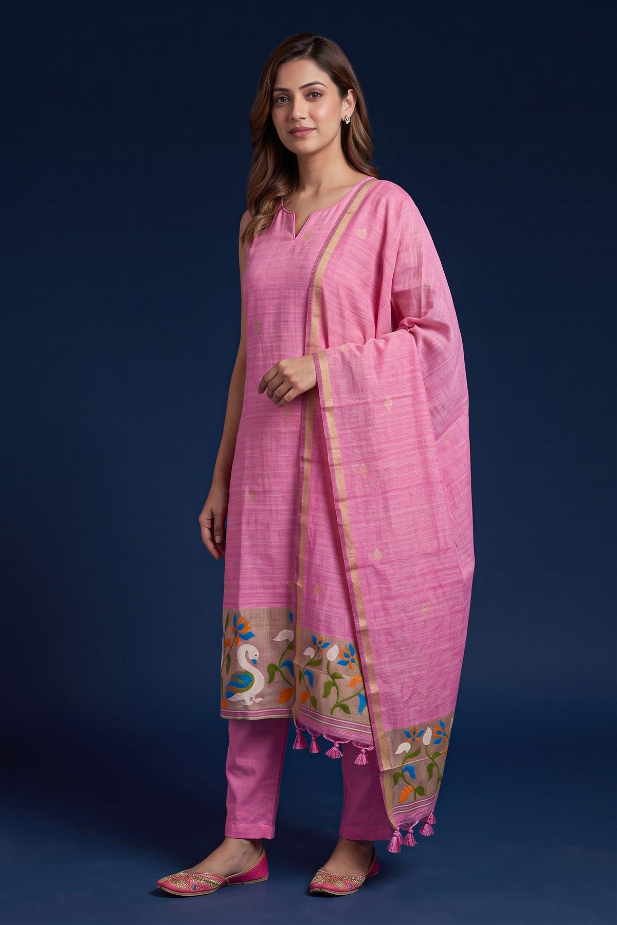 Jute Embroidered Pink Kurti Set With Dupatta