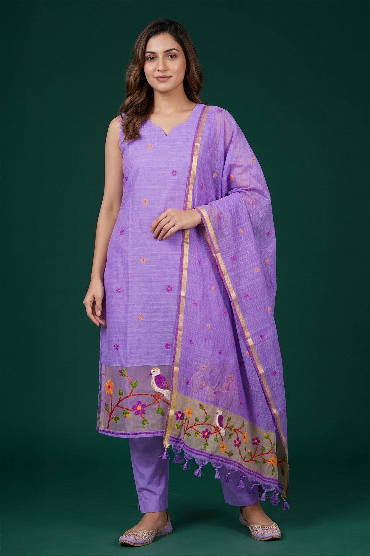 Jute Embroidered Dark Lavender Kurti Set With Dupatta