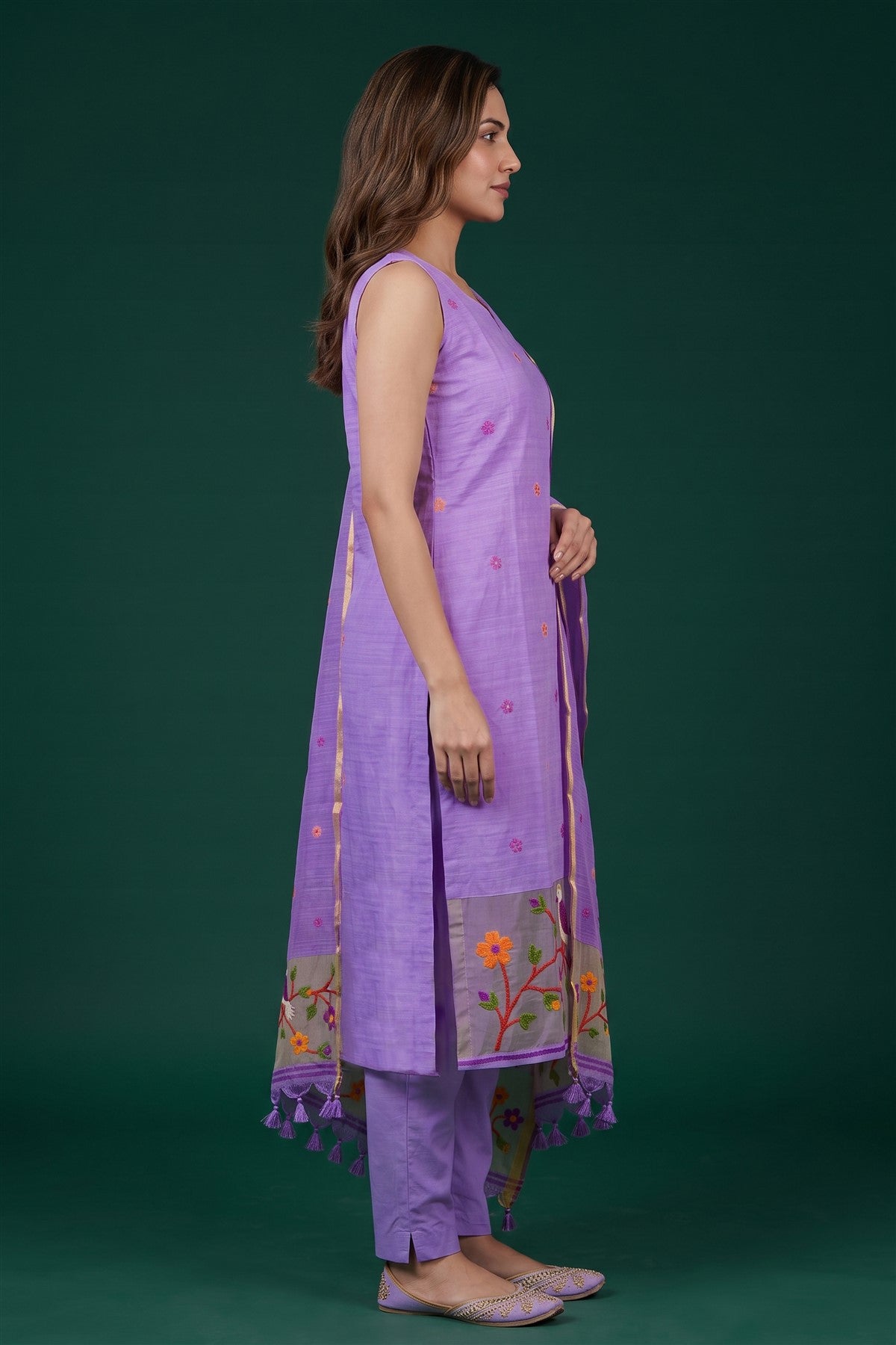 Jute Embroidered Dark Lavender Kurti Set With Dupatta
