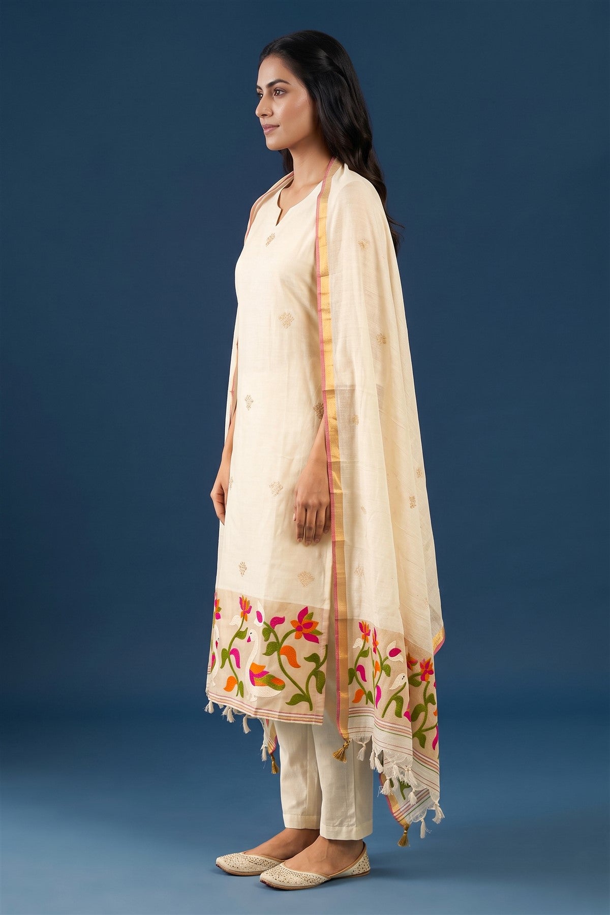 Jute Embroidered Cream Kurti Set With Dupatta