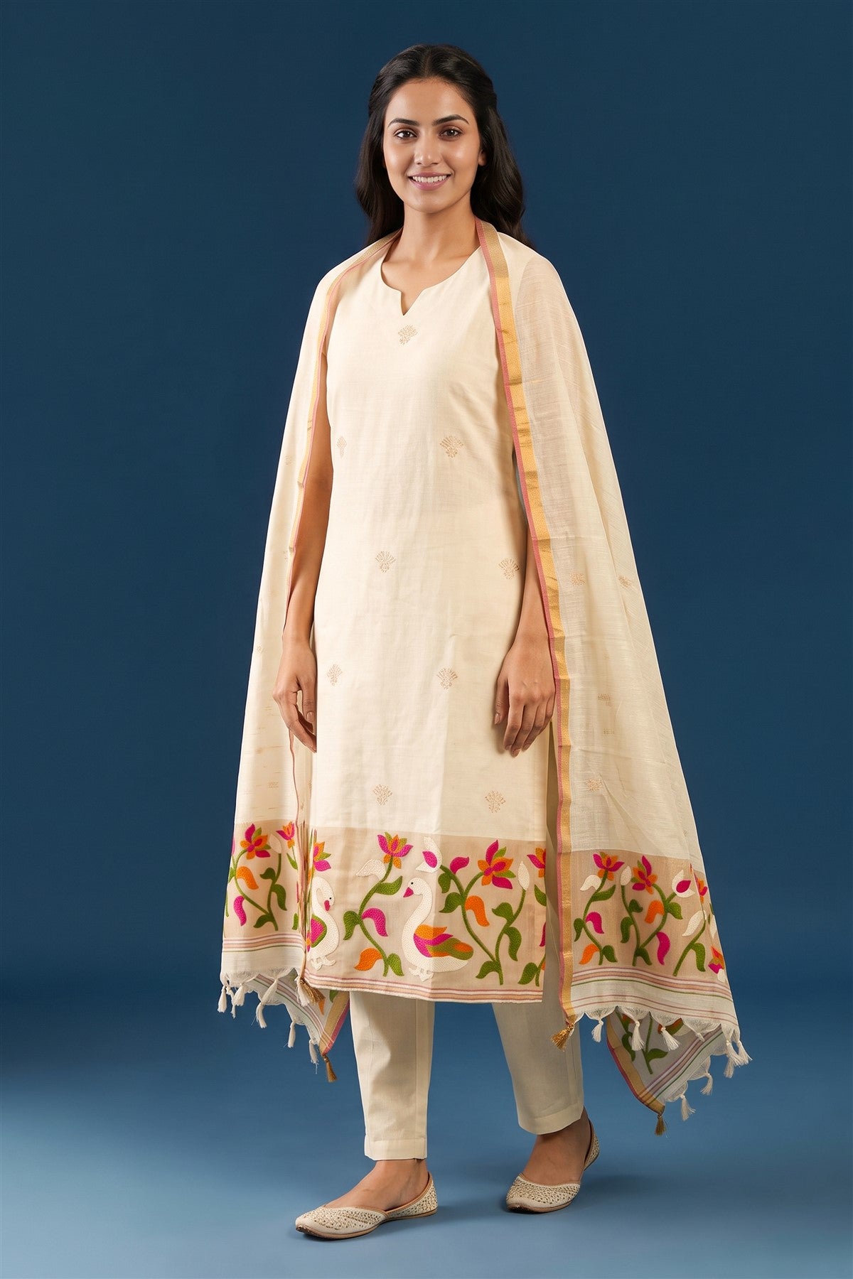 Jute Embroidered Cream Kurti Set With Dupatta
