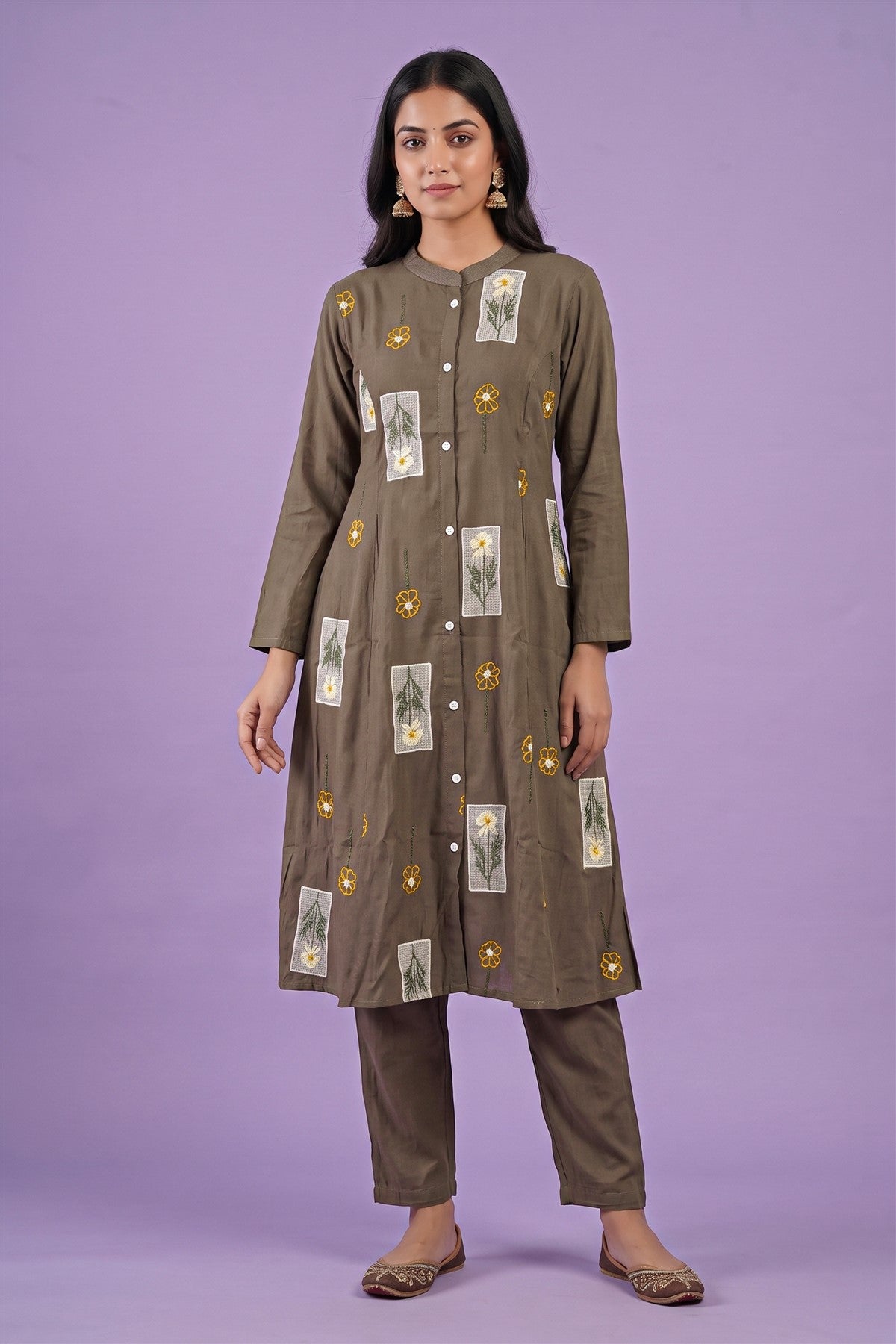 Muslin Embroidered Brown Co-Ord Set