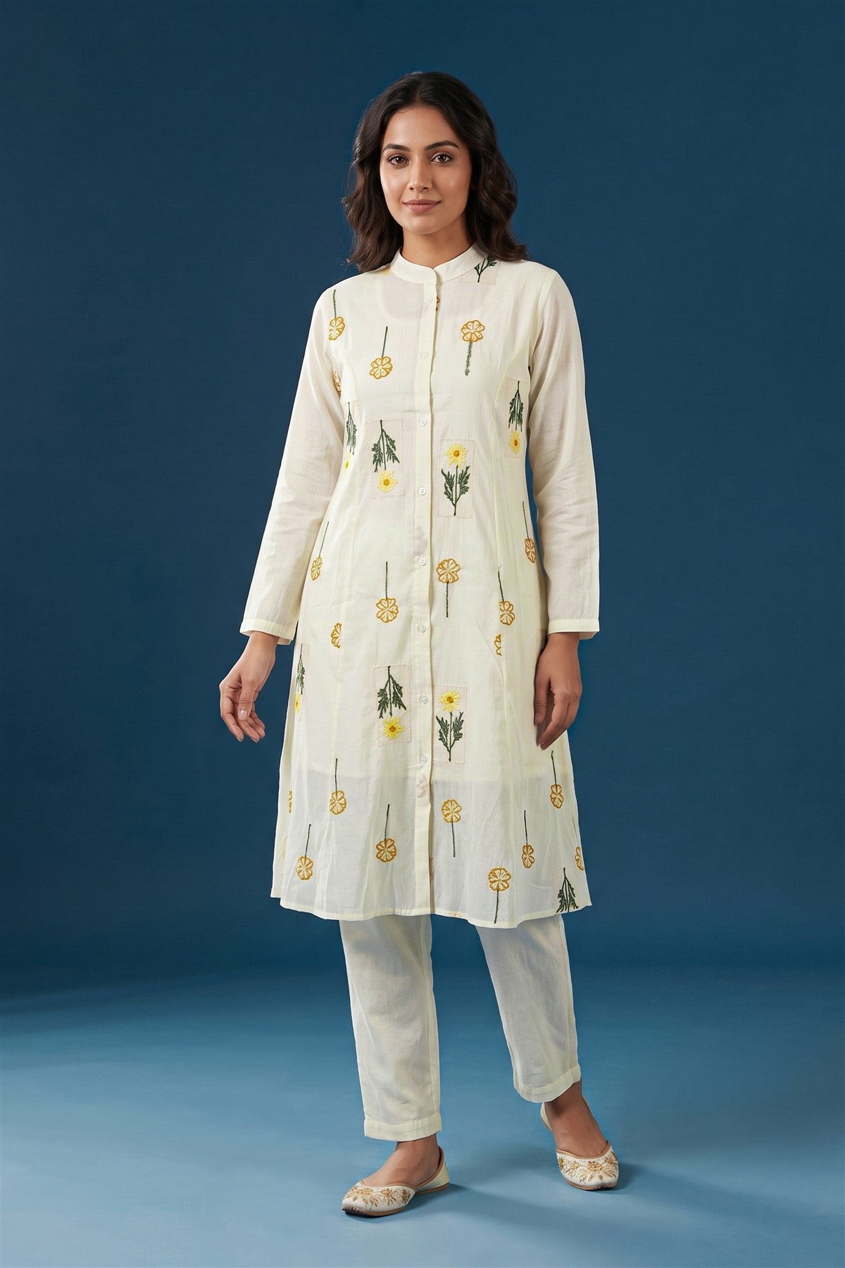 Muslin Embroidered Cream Co-Ord Set
