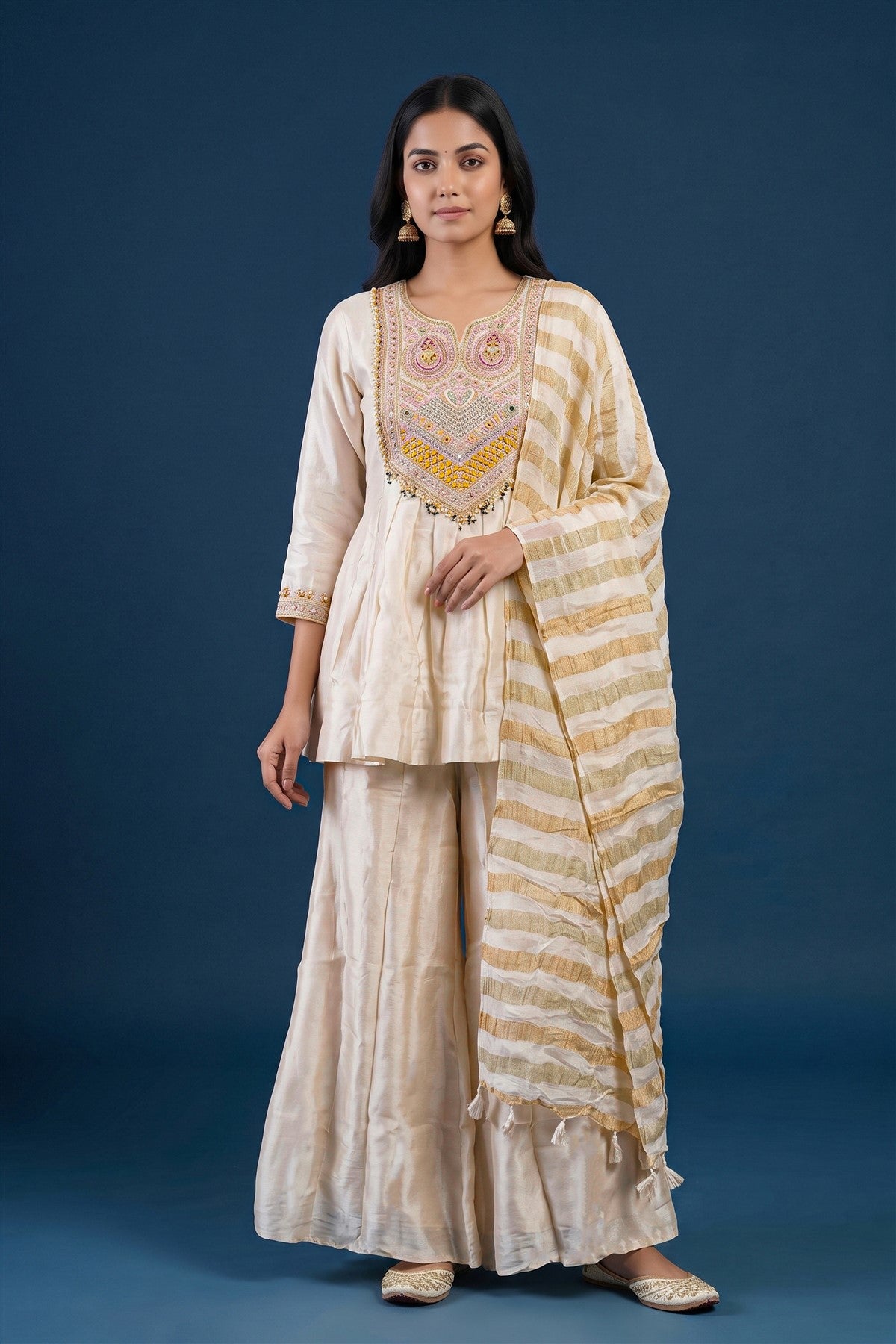 Banarasi Silk Embroidered Cream Gold Co-Ord Set