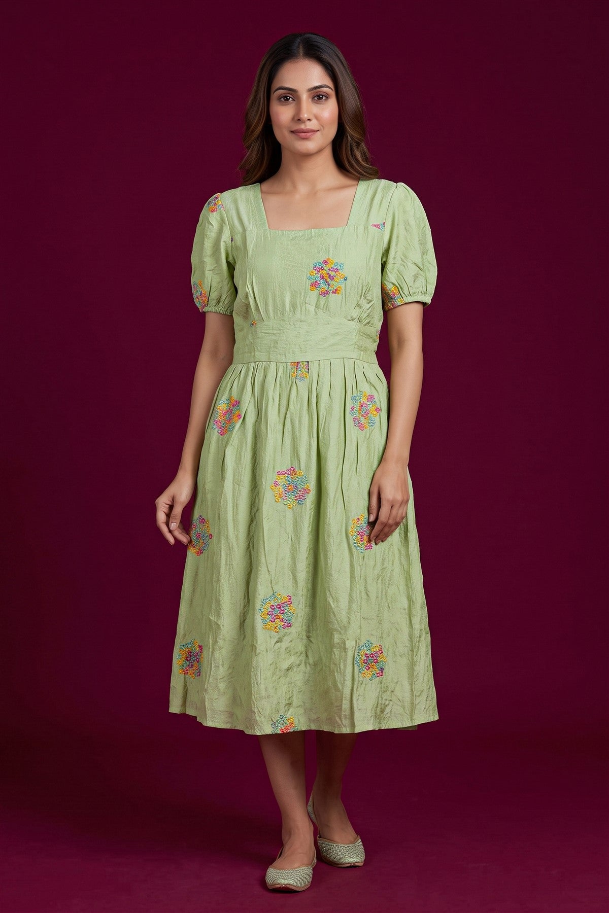Vichitra Silk Embroidered Pista Green Kurti