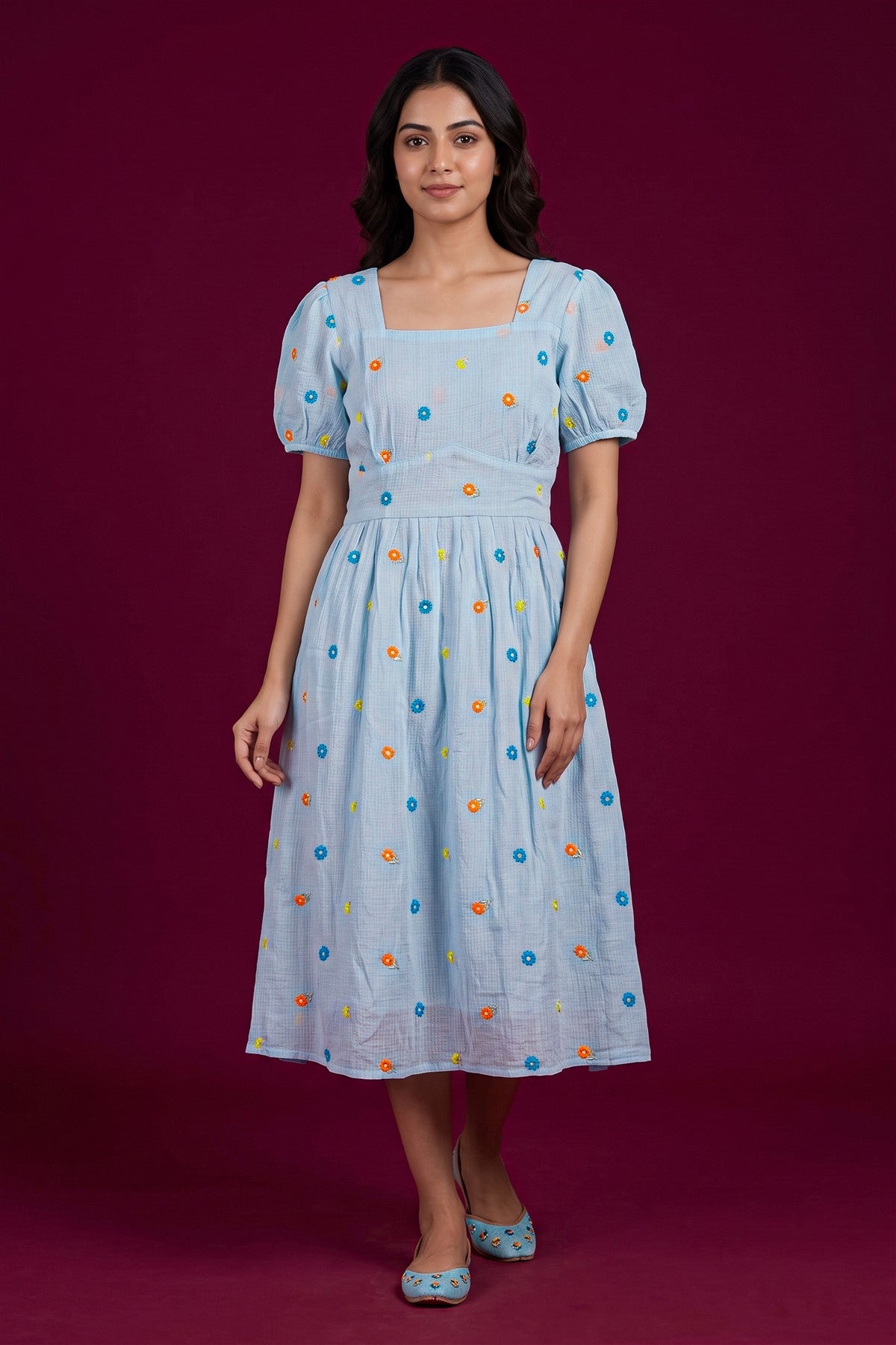 Mul Chanderi Embroidered Sky Blue Kurti