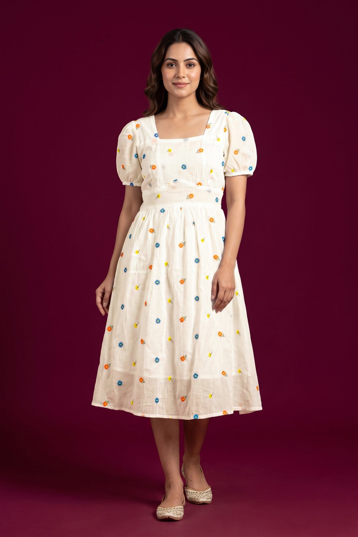 Mul Chanderi Embroidered Cream Kurti