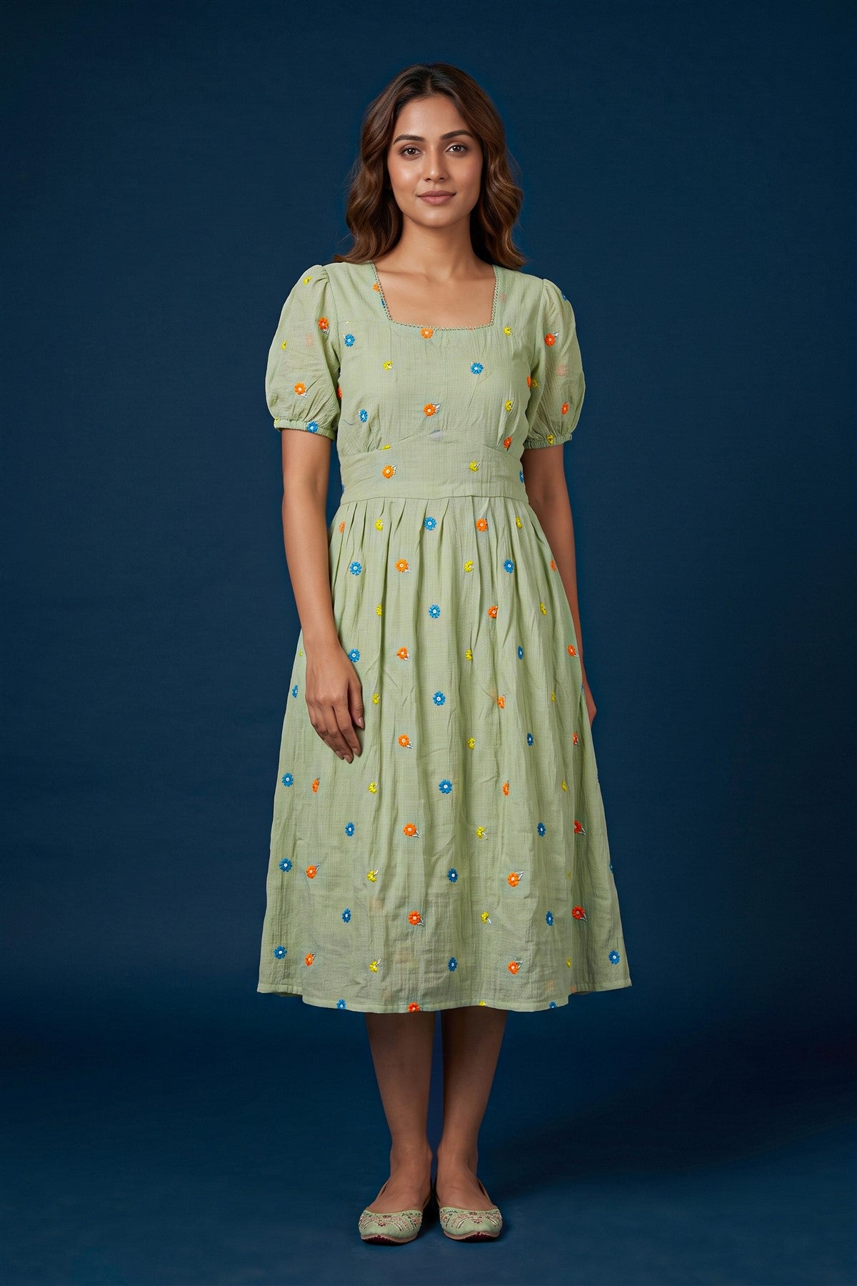 Mul Chanderi Embroidered Pista Green Kurti