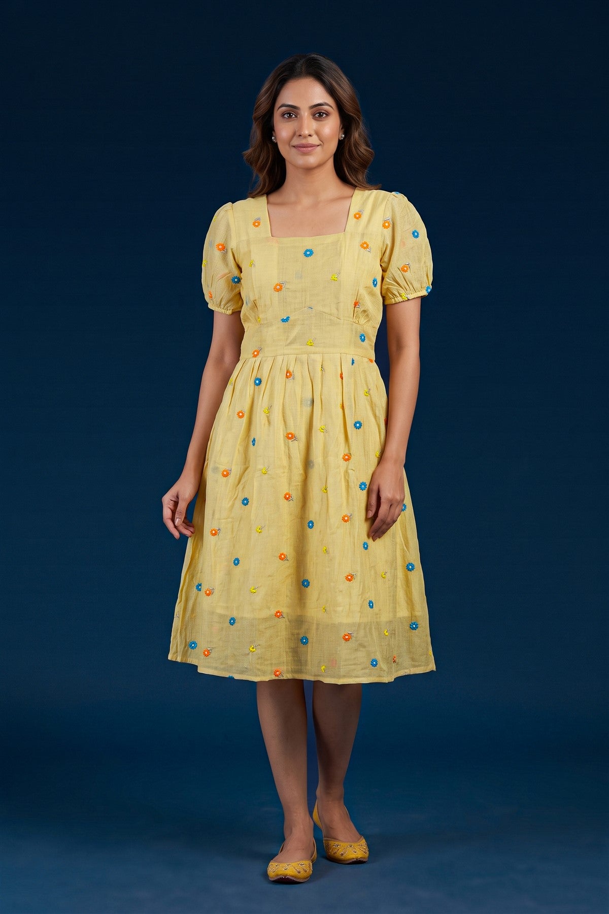 Mul Chanderi Embroidered Lemon Yellow Kurti