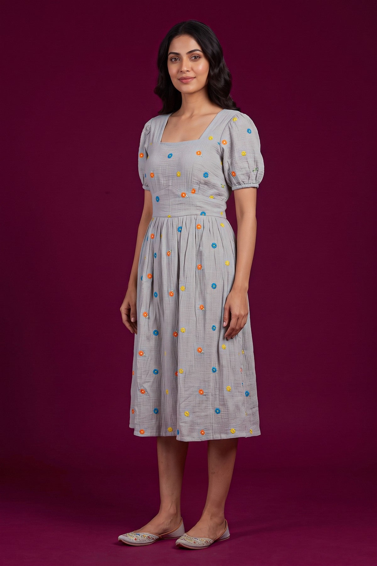 Mul Chanderi Embroidered Grey Kurti